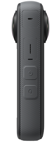 Szara kamera 360 stopni z przyciskami z boku i dwoma obiektywami.