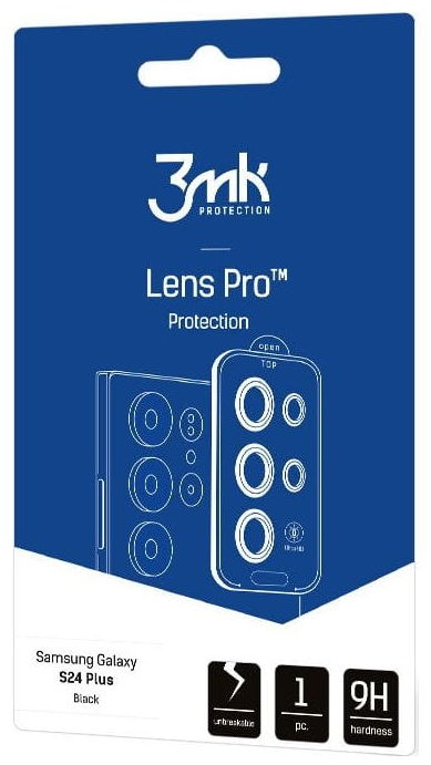 Niebieskie opakowanie folii ochronnej na ekran telefonu. Tekst: 3mk Protection, Lens Pro, Samsung Galaxy S24 Plus, Black, niezniszczalny.