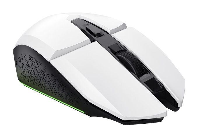 Biała mysz gamingowa z czarnymi akcentami i zielonym światłem.