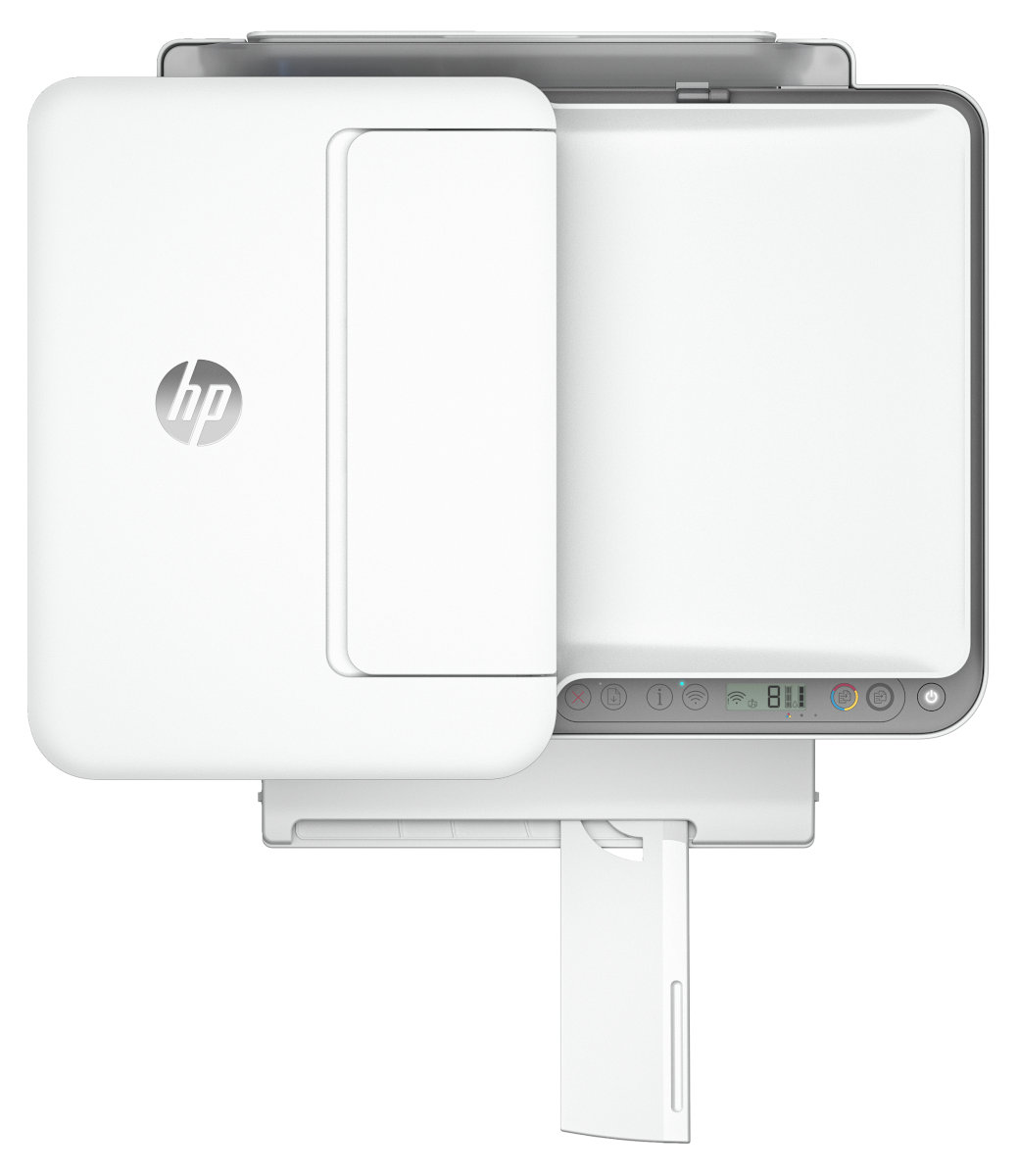 Biała drukarka HP z otwartym skanerem i wysuniętą tacą na papier.