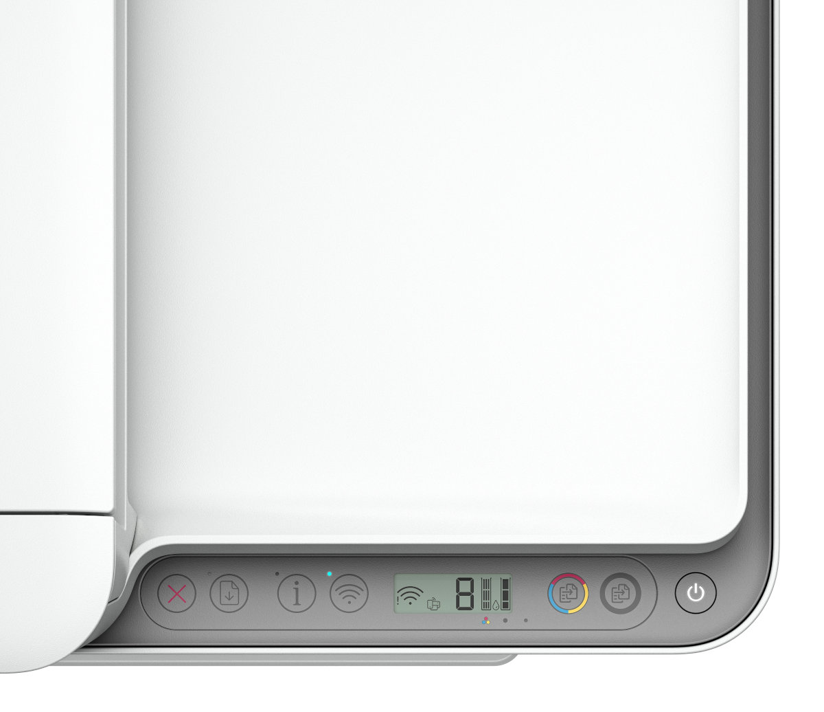 Widok z góry na białą drukarkę z panelem sterowania, wyświetlaczem cyfrowym i przyciskami.