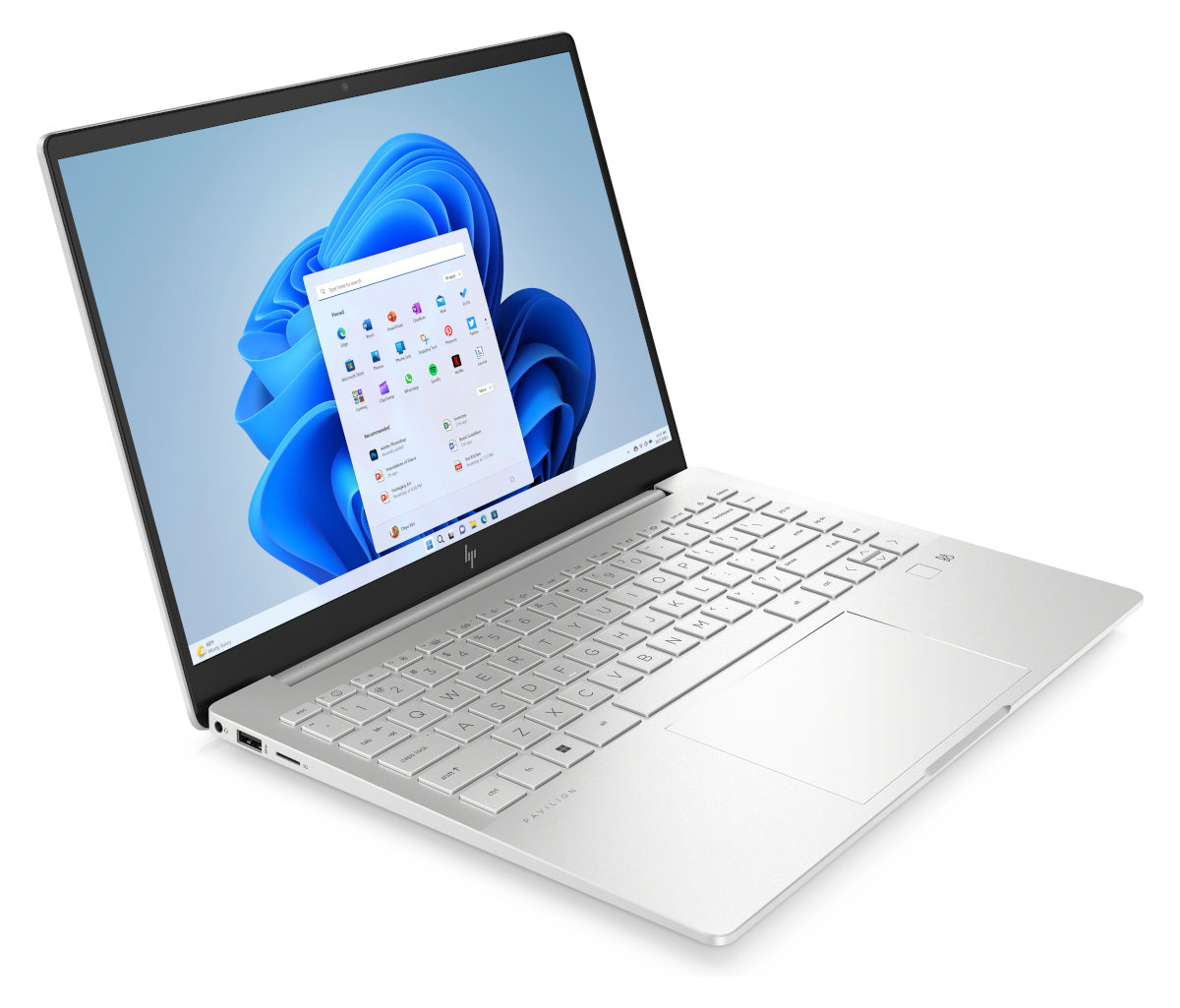 Srebrny laptop z otwartym ekranem wyświetlającym interfejs Windows 11.