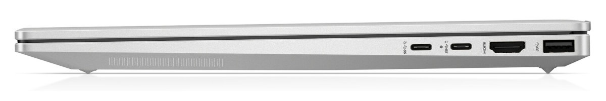 Profil srebrnego laptopa z portami: USB, HDMI, USB-C i audio.