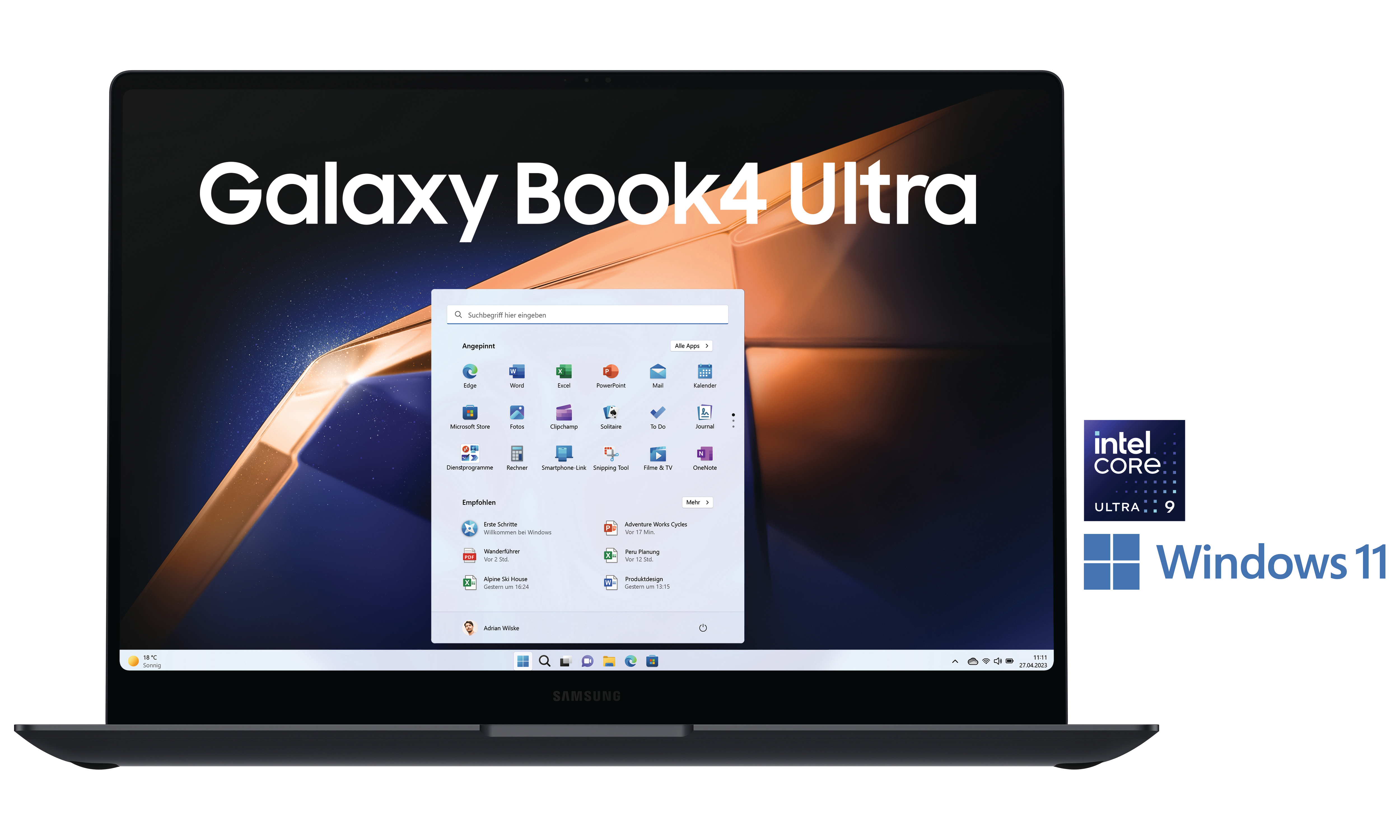 Schwarzer Laptop mit Windows 11 Oberfläche, mit Text 'Galaxy Book4 Ultra'.