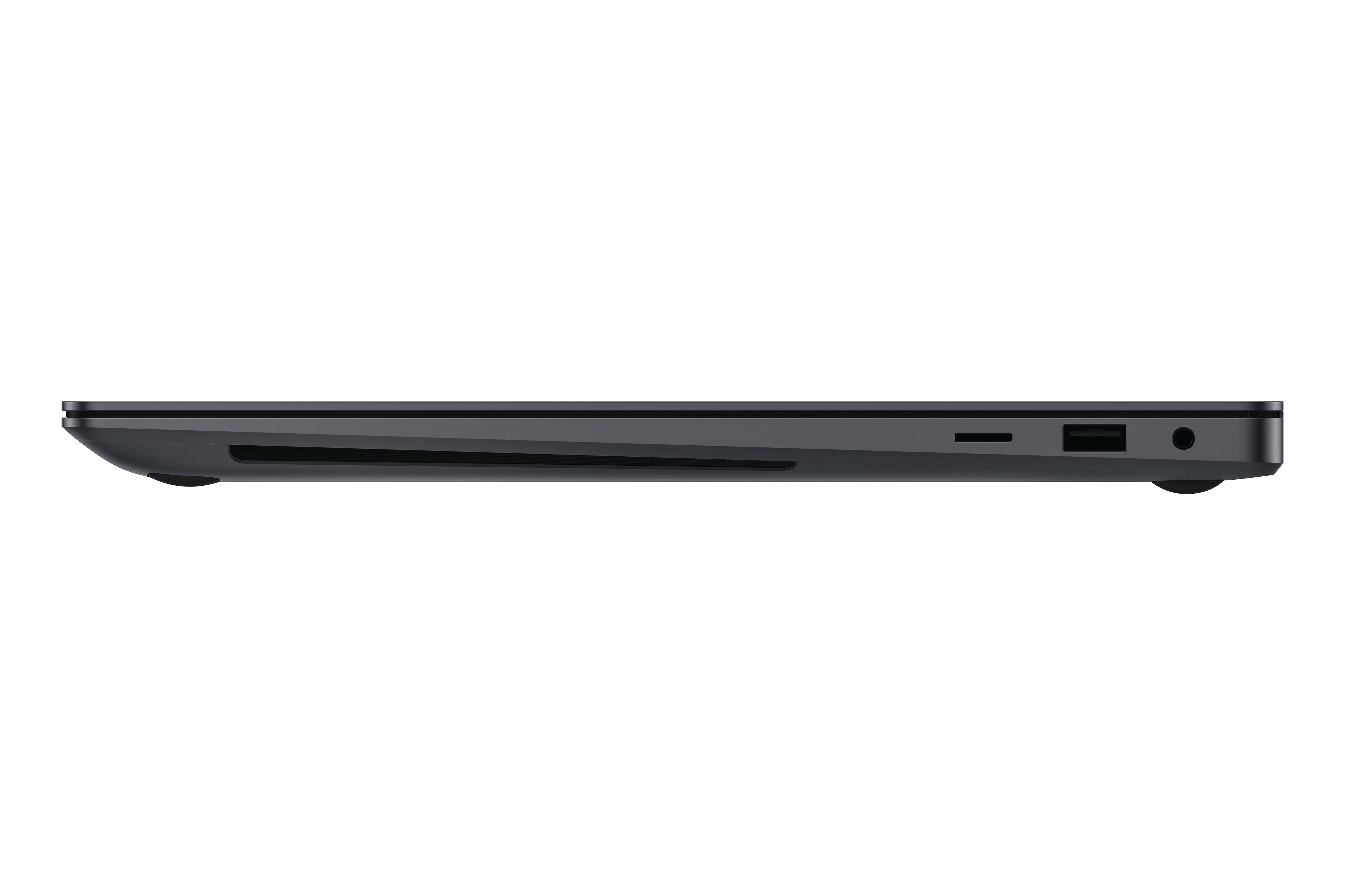 Seitenansicht eines schlanken, dunkel gefärbten Laptops. Sichtbare Anschlüsse sind USB und SD-Kartensteckplatz.