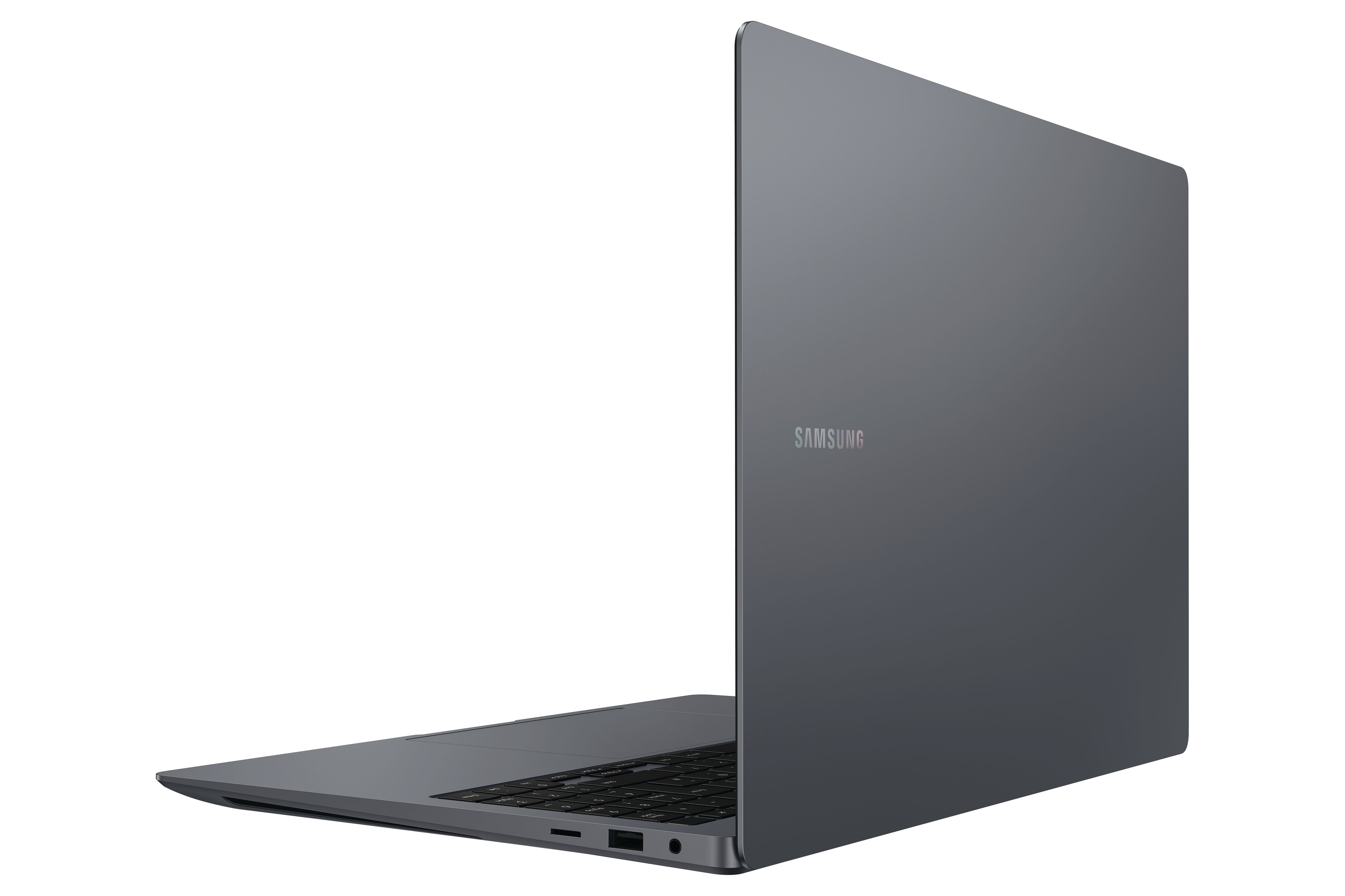 Ein dunkelgrauer Laptop ist auf einer weißen Oberfläche abgewinkelt.