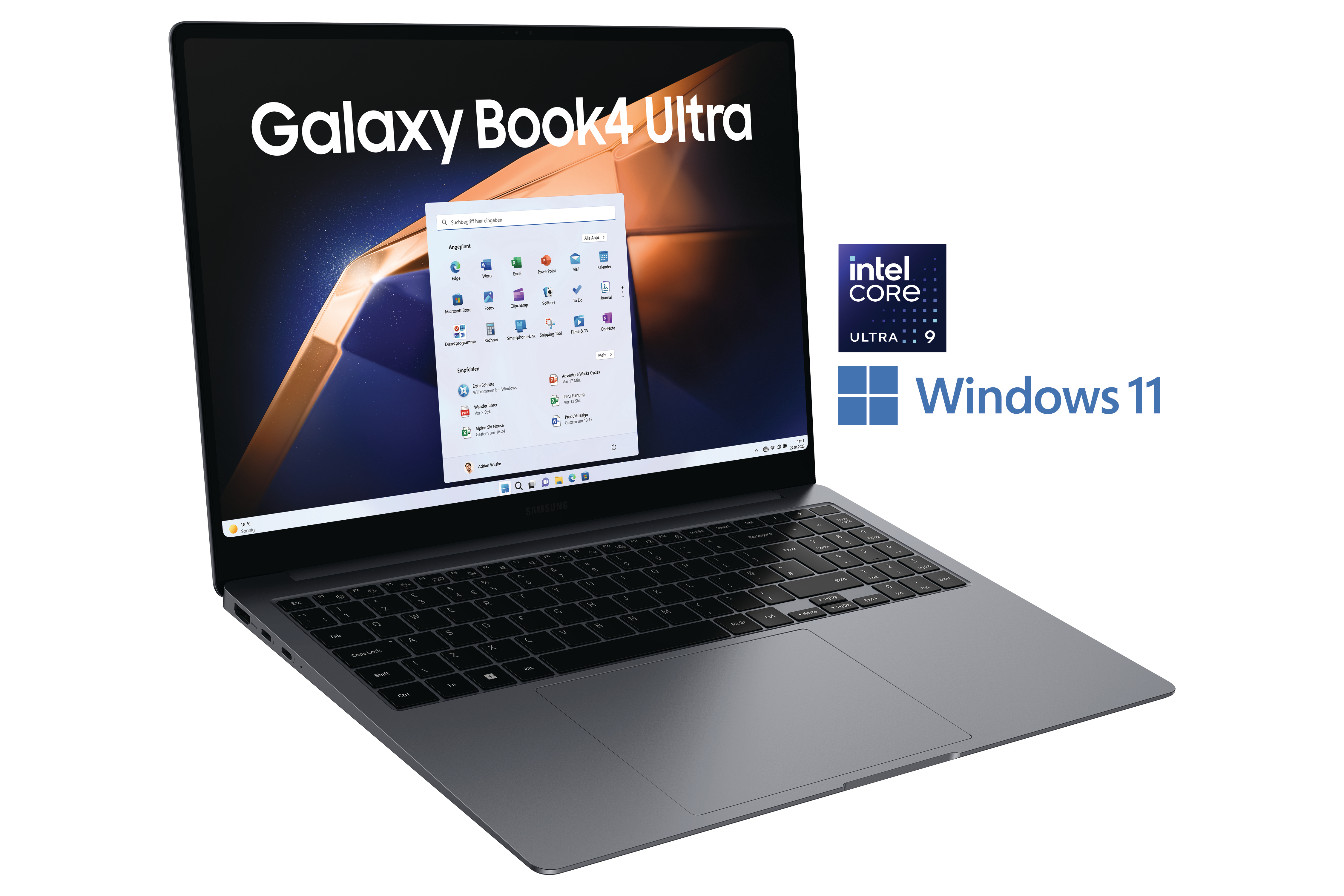 Ein Laptop mit den Logos Galaxy Book4 Ultra und Windows 11.