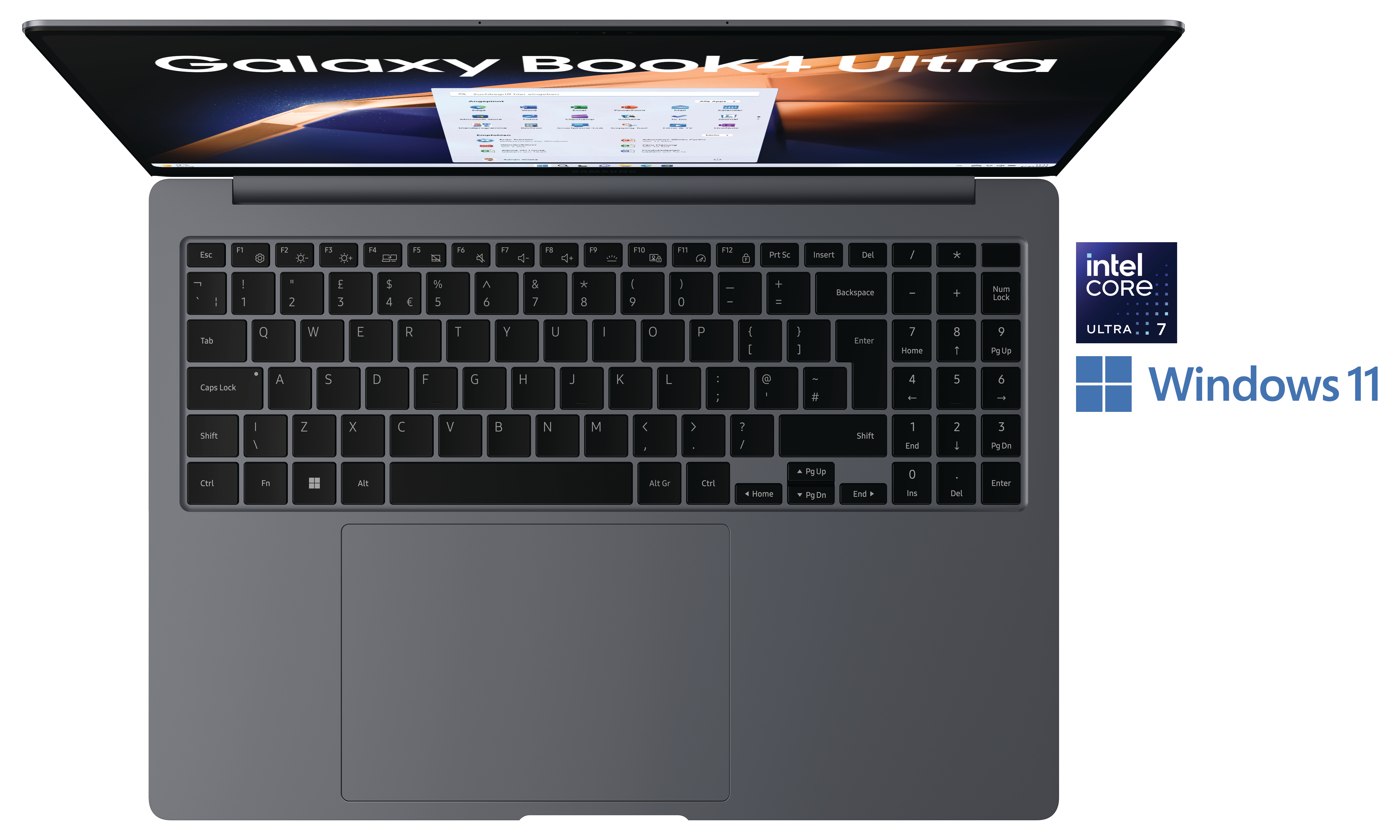 Laptop Galaxy Book4 Ultra offen, Draufsicht, Tastatur und Bildschirm zeigen eine Website.