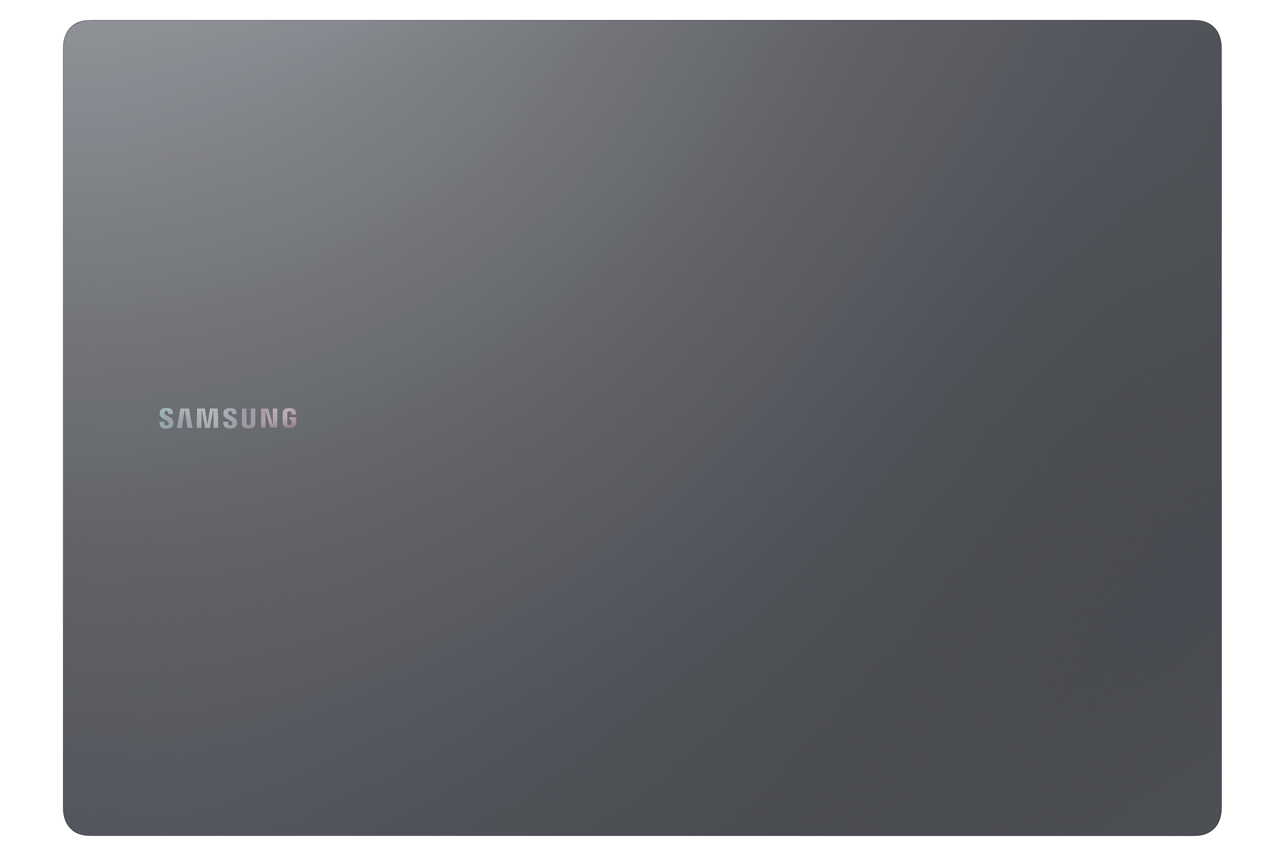 Dunkelgrauer Laptopdeckel mit Samsung-Logo in der Mitte.
