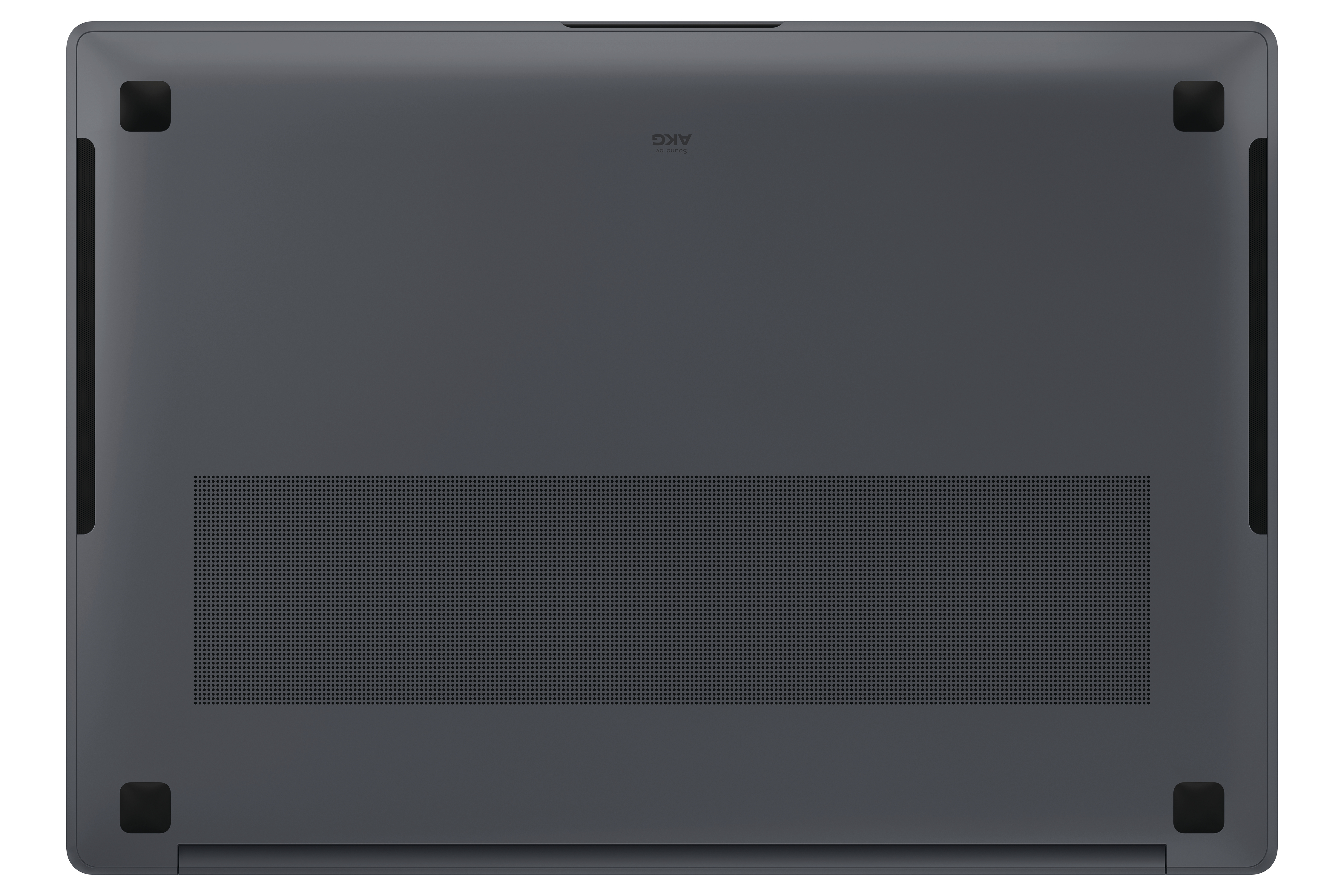 Unteransicht eines grauen Laptops mit Lautsprecheröffnungen, Gummifüßen und dem AKG-Logo.