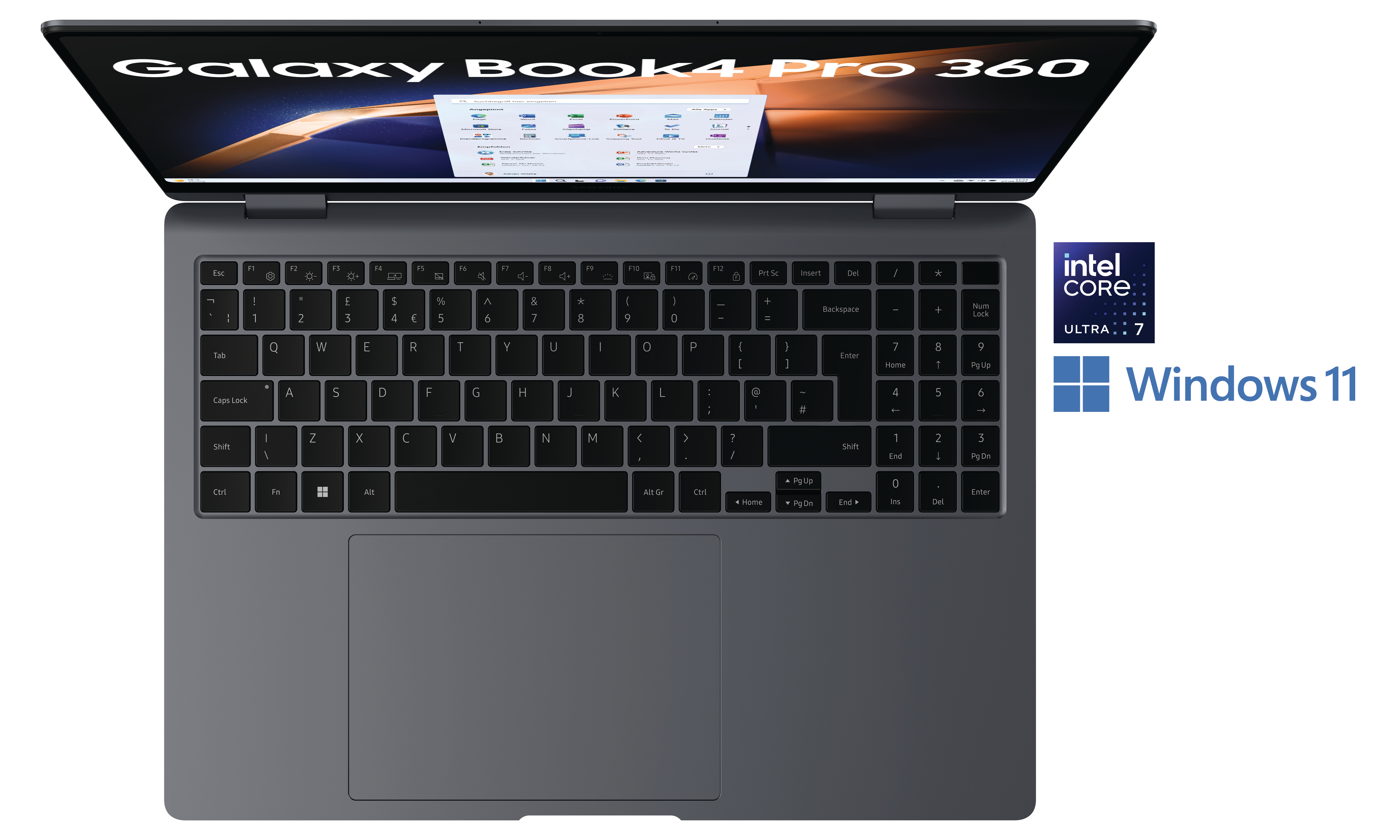 Dunkelgrauer Laptop mit offenem Bildschirm, Tastatur und Windows 11 zeigend.