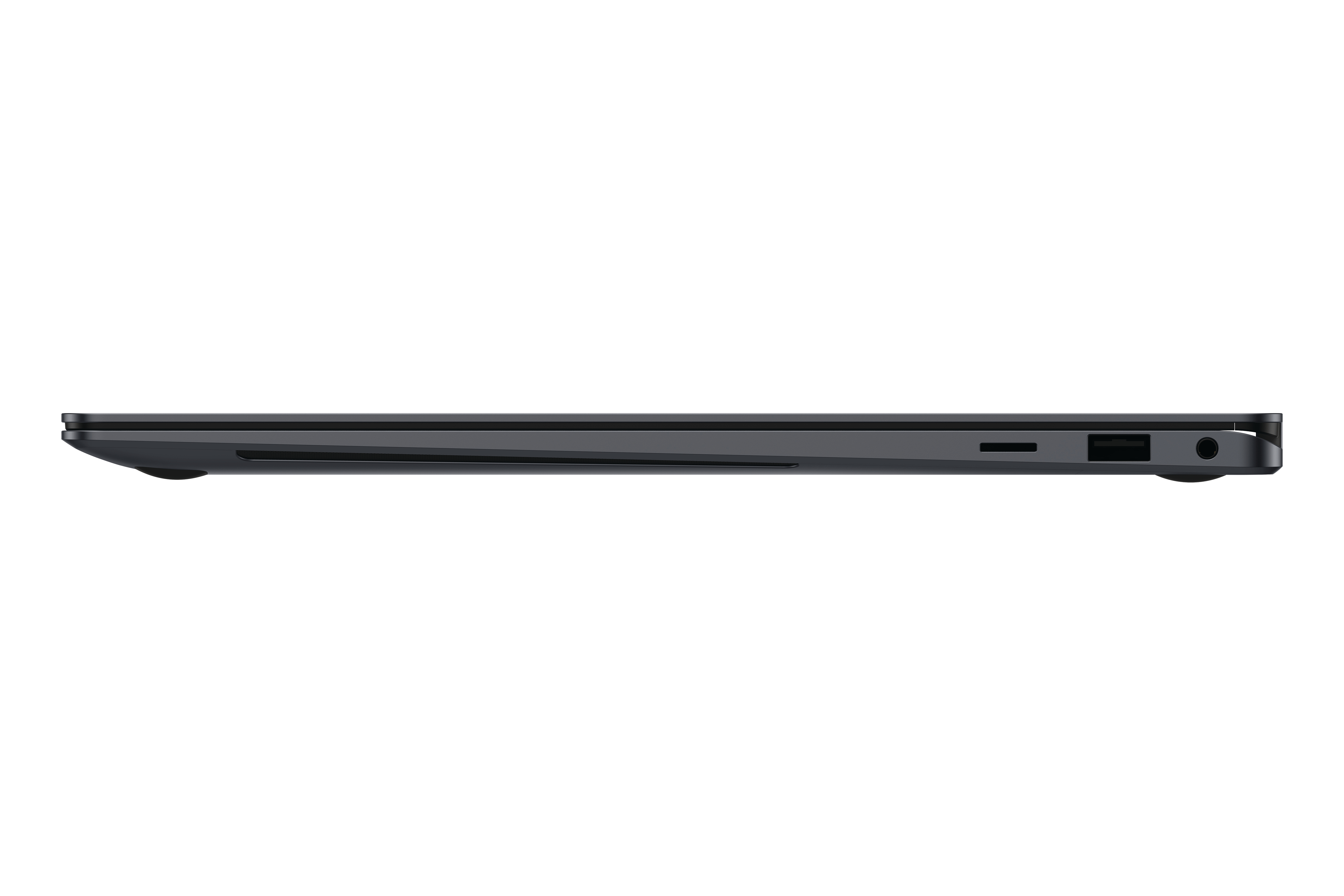 Seitenansicht eines dunkelgrauen Laptops mit Anschlüssen und Scharnier.