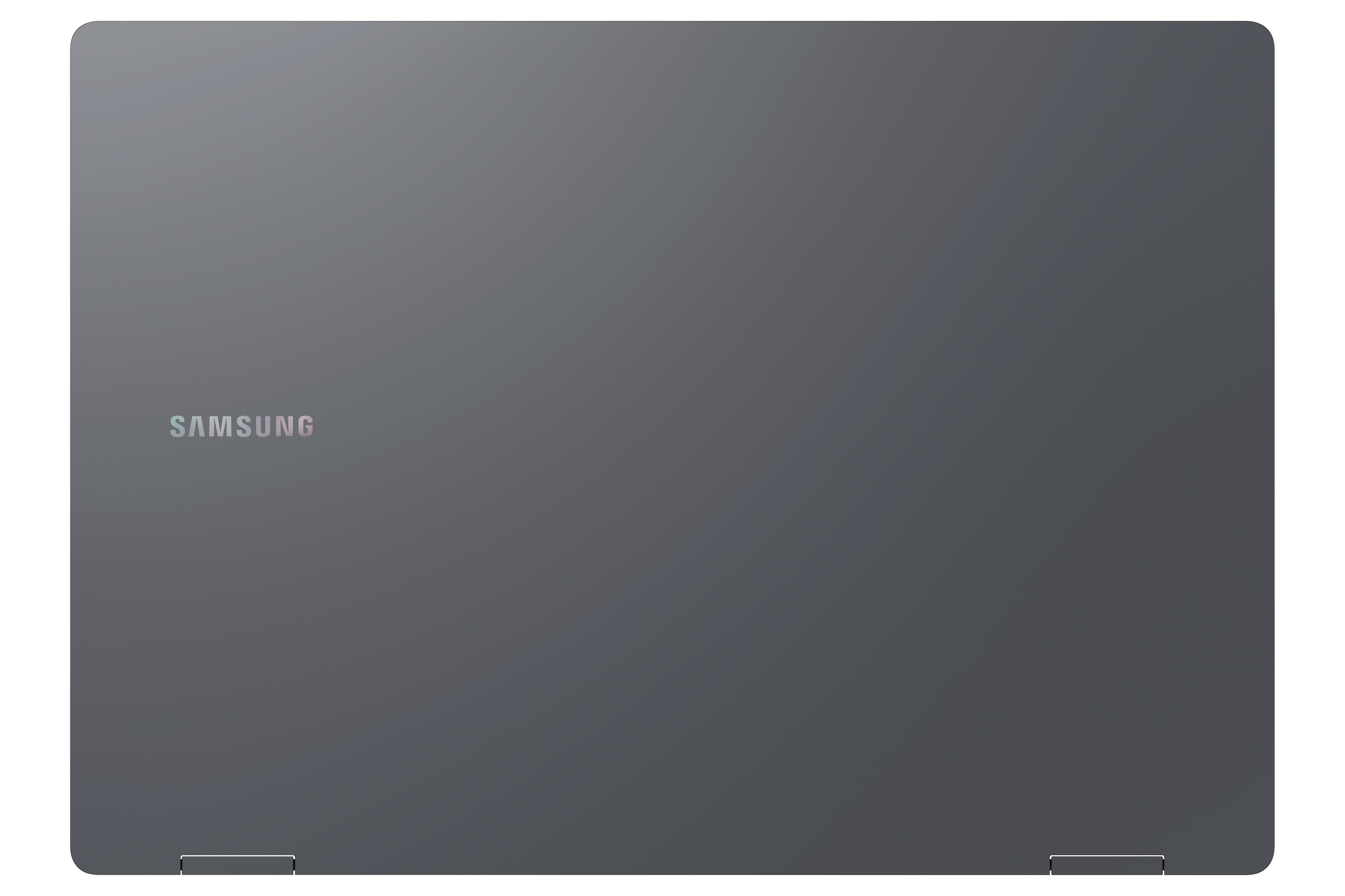 Geschlossener, dunkelgrauer Laptop mit Samsung-Logo. Die Rückseite ist glatt.