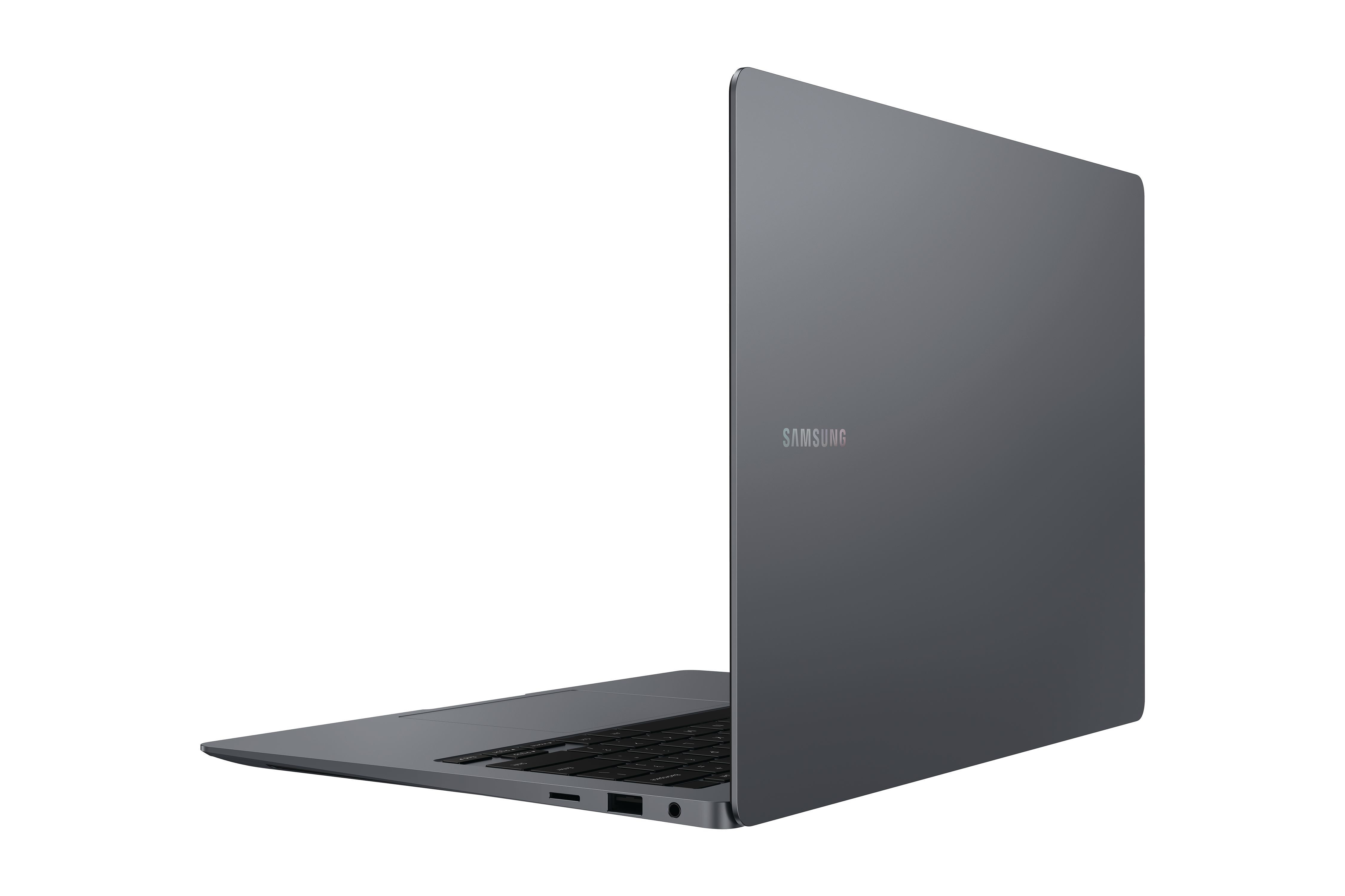 Grauer Laptop, teilweise geöffnet, Seitenansicht, mit Samsung-Logo sichtbar.