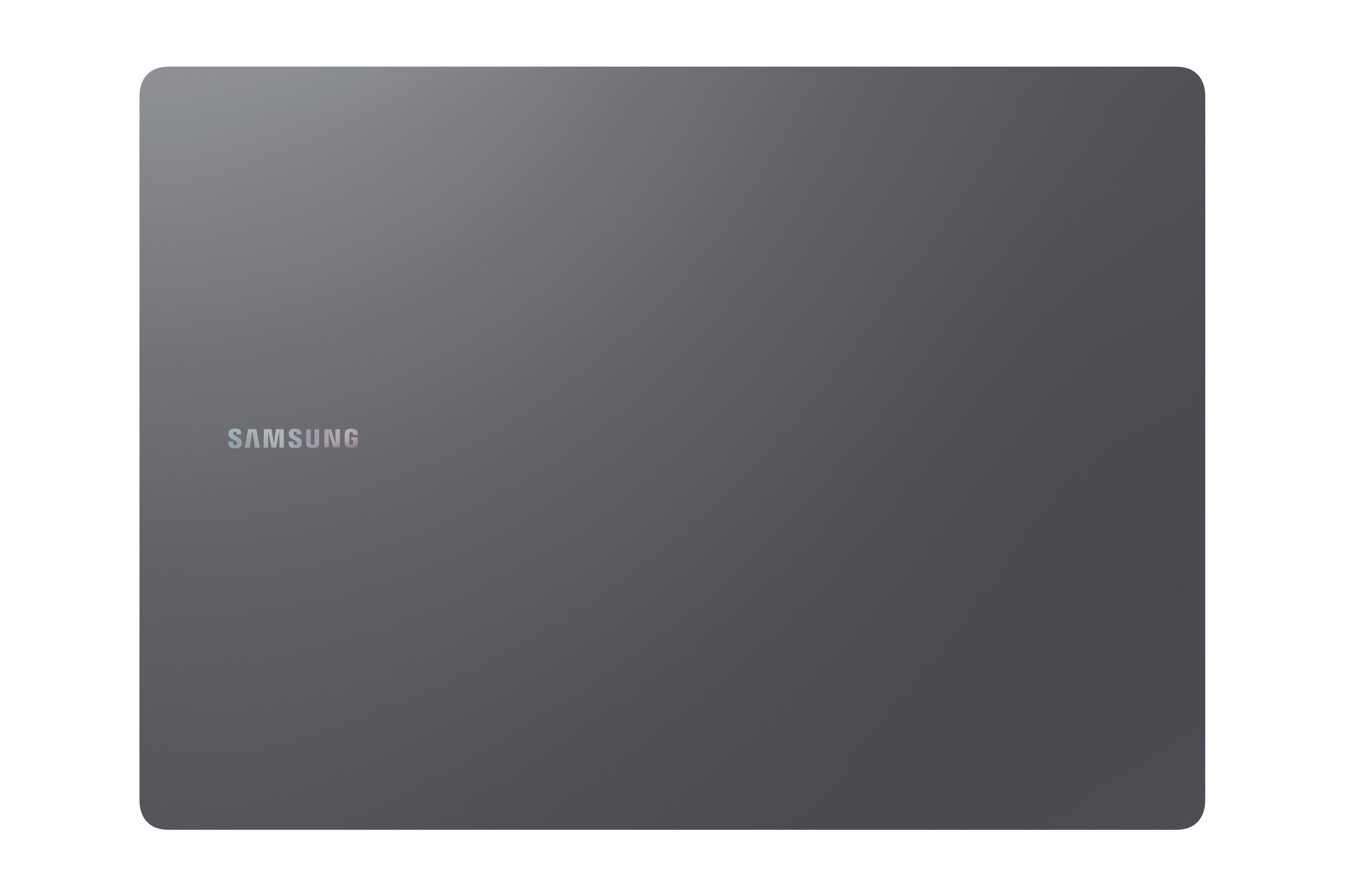 Ein grauer Laptop mit dem Samsung-Logo in der Mitte, geschlossen und einsatzbereit.