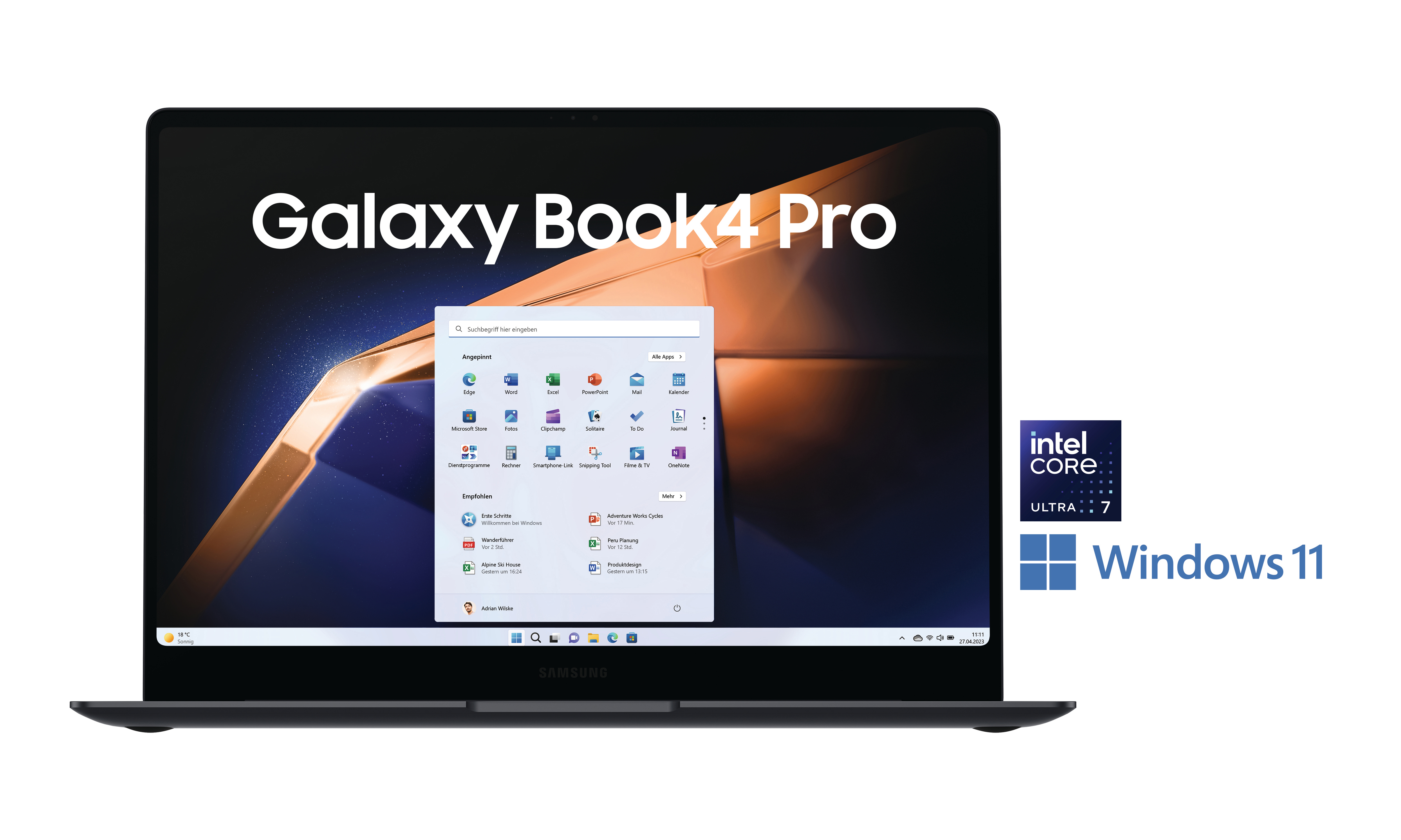 Ein schwarzer Laptop mit einem Bildschirm, der eine Windows 11-Oberfläche zeigt. Text: Galaxy Book4 Pro, Intel Core, Windows 11.