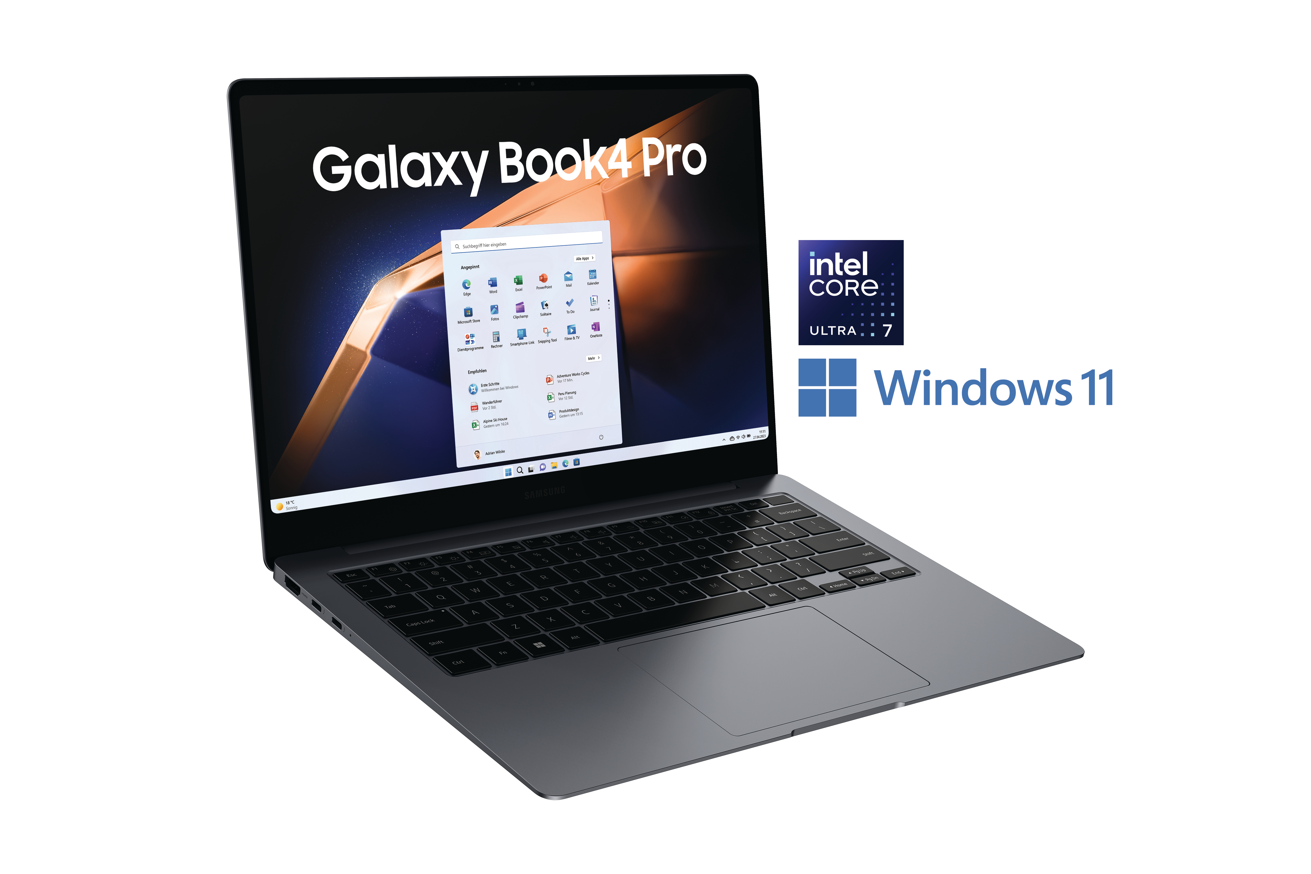 Ein Galaxy Book4 Pro Laptop ist geöffnet. Es hat einen Bildschirm mit Windows 11. Intel Core Ultra 7 und Windows 11 Logos rechts.