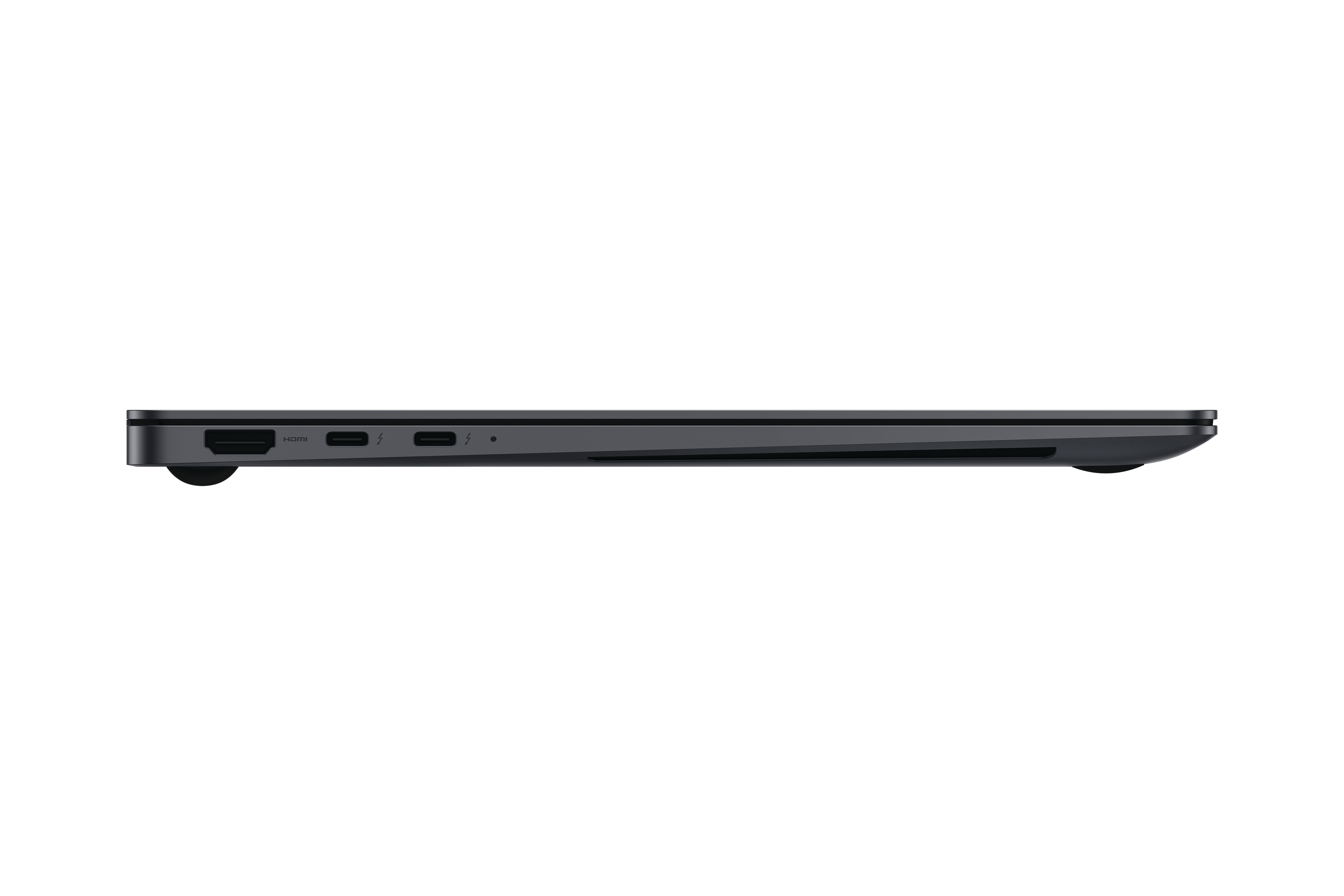 Ein schlanker, dunkelfarbiger Laptop von der Seite, der Anschlüsse und das schlanke Profil zeigt.