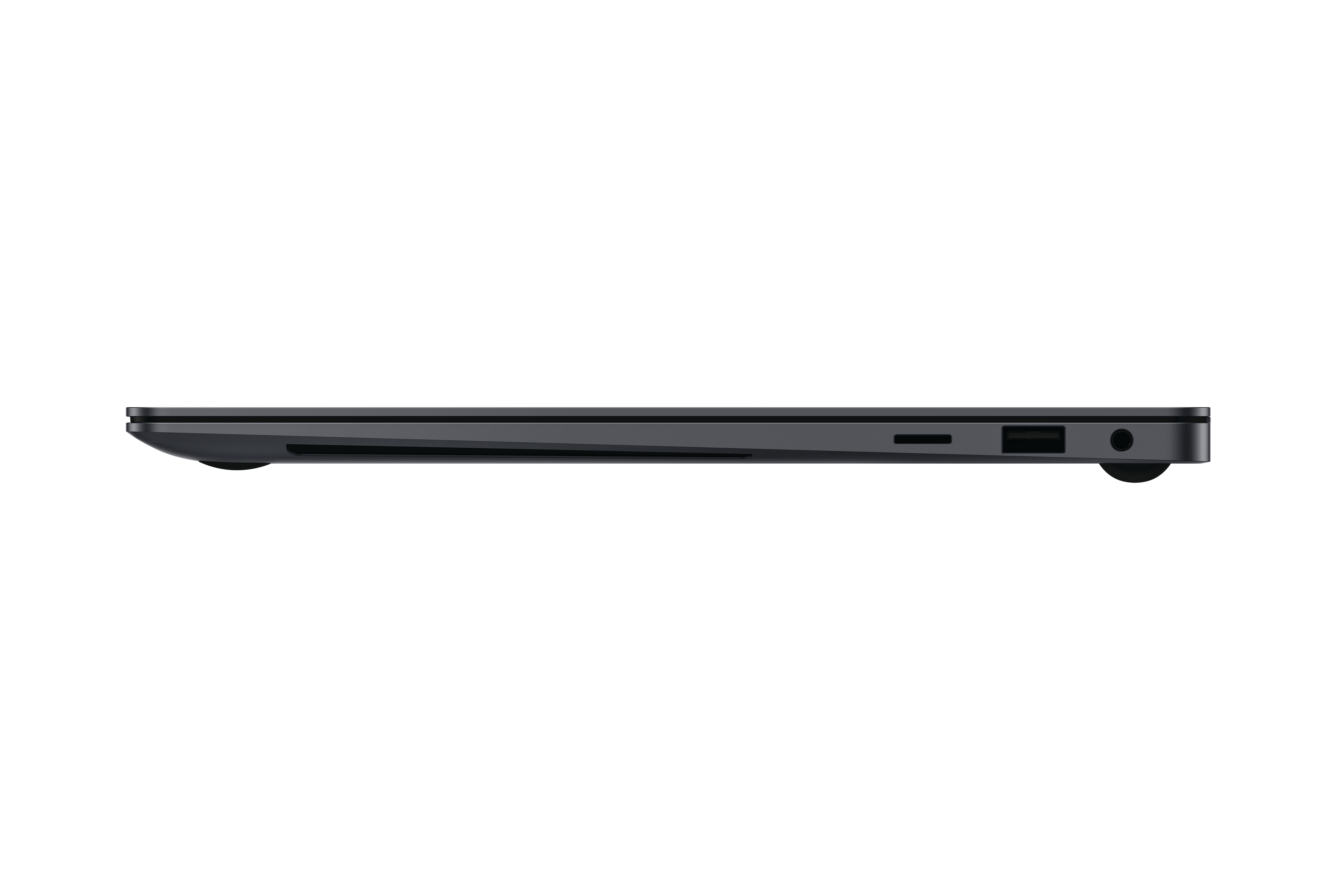 Seitenansicht eines Laptops mit Anschlüssen, USB und Kopfhöreranschluss.