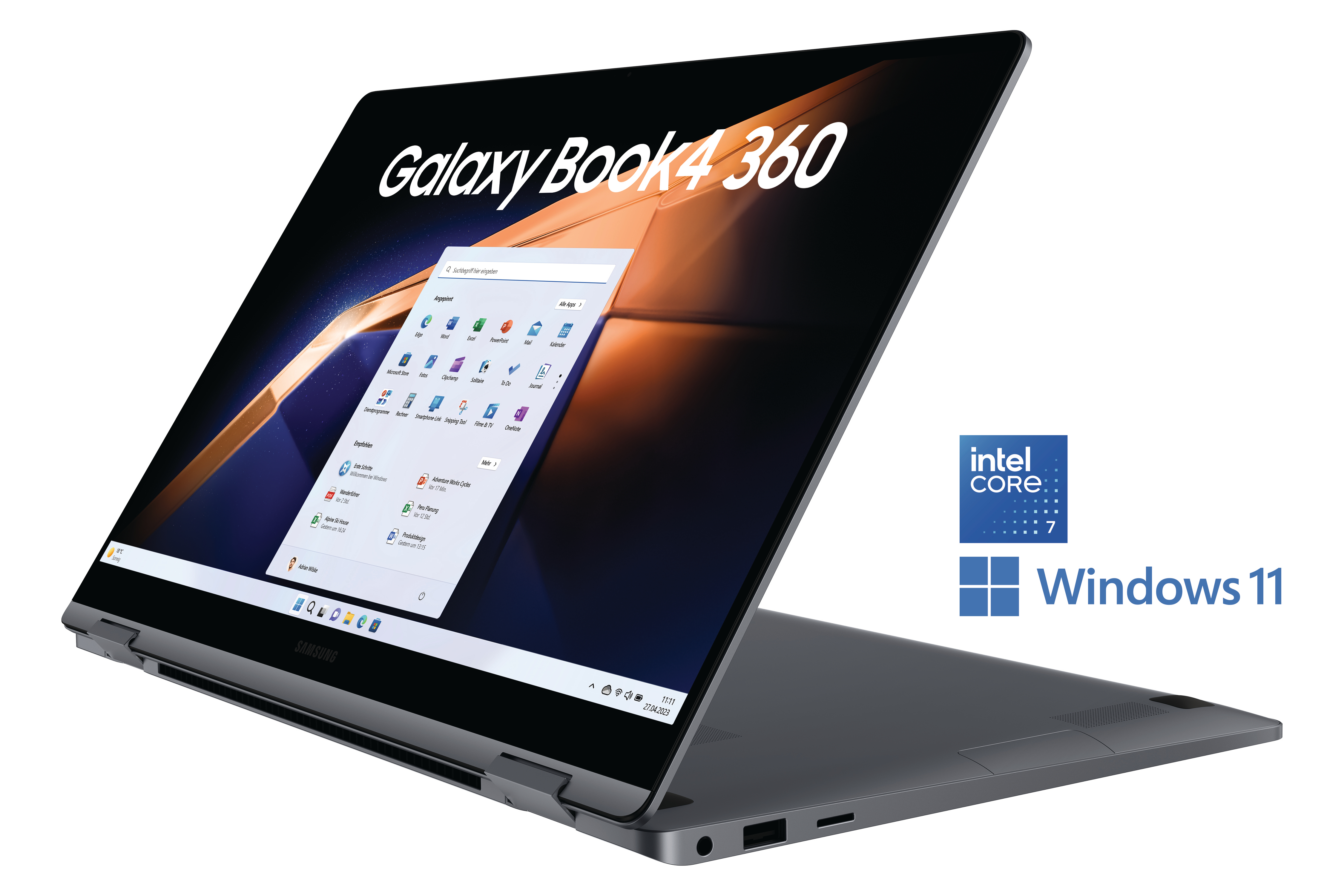 Laptop offen, zeigt App-Oberfläche, mit Intel- und Windows-Logos. Weißer Hintergrund.