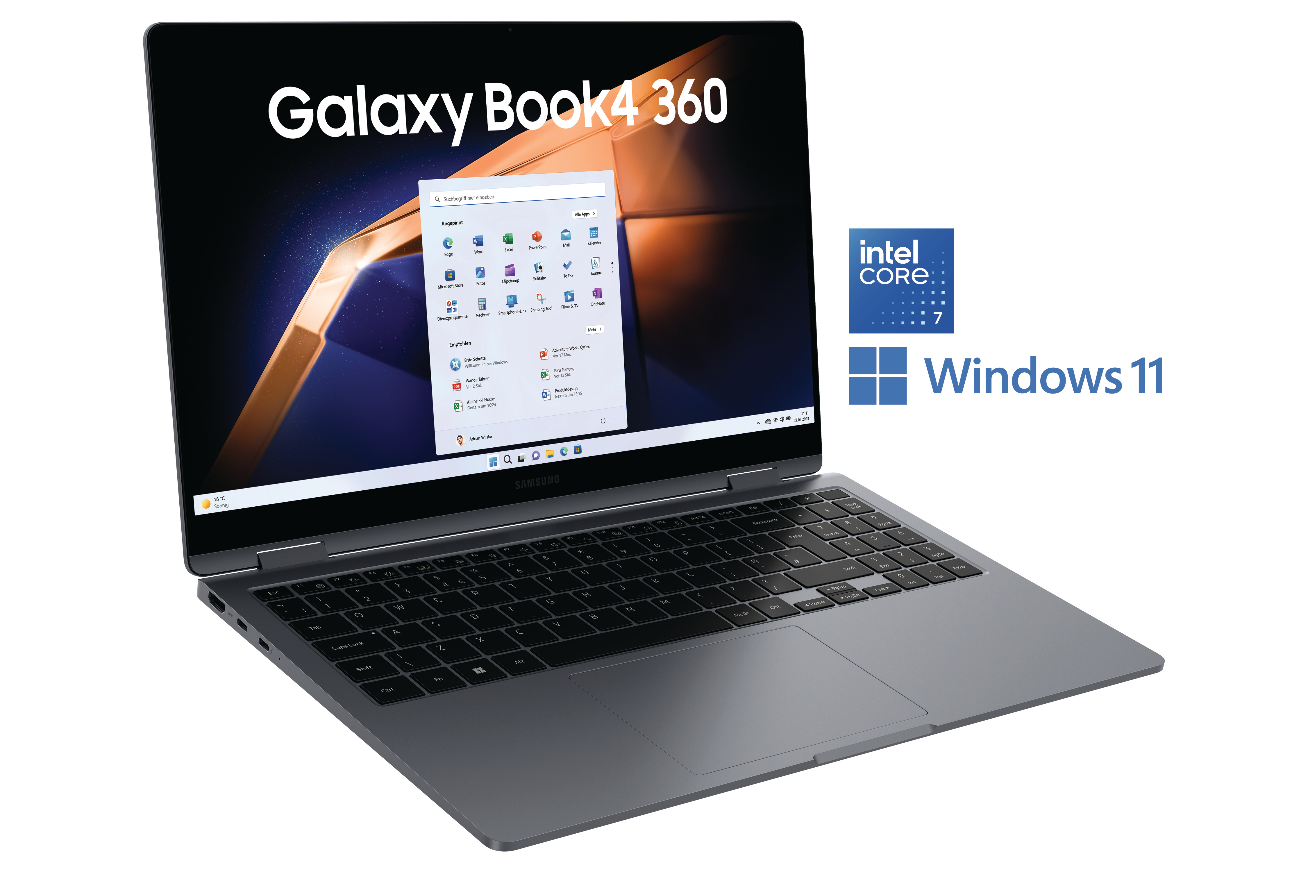 Ein graues Samsung Galaxy Book4 360-Laptop ist geöffnet und zeigt einen Anwendungsbildschirm.