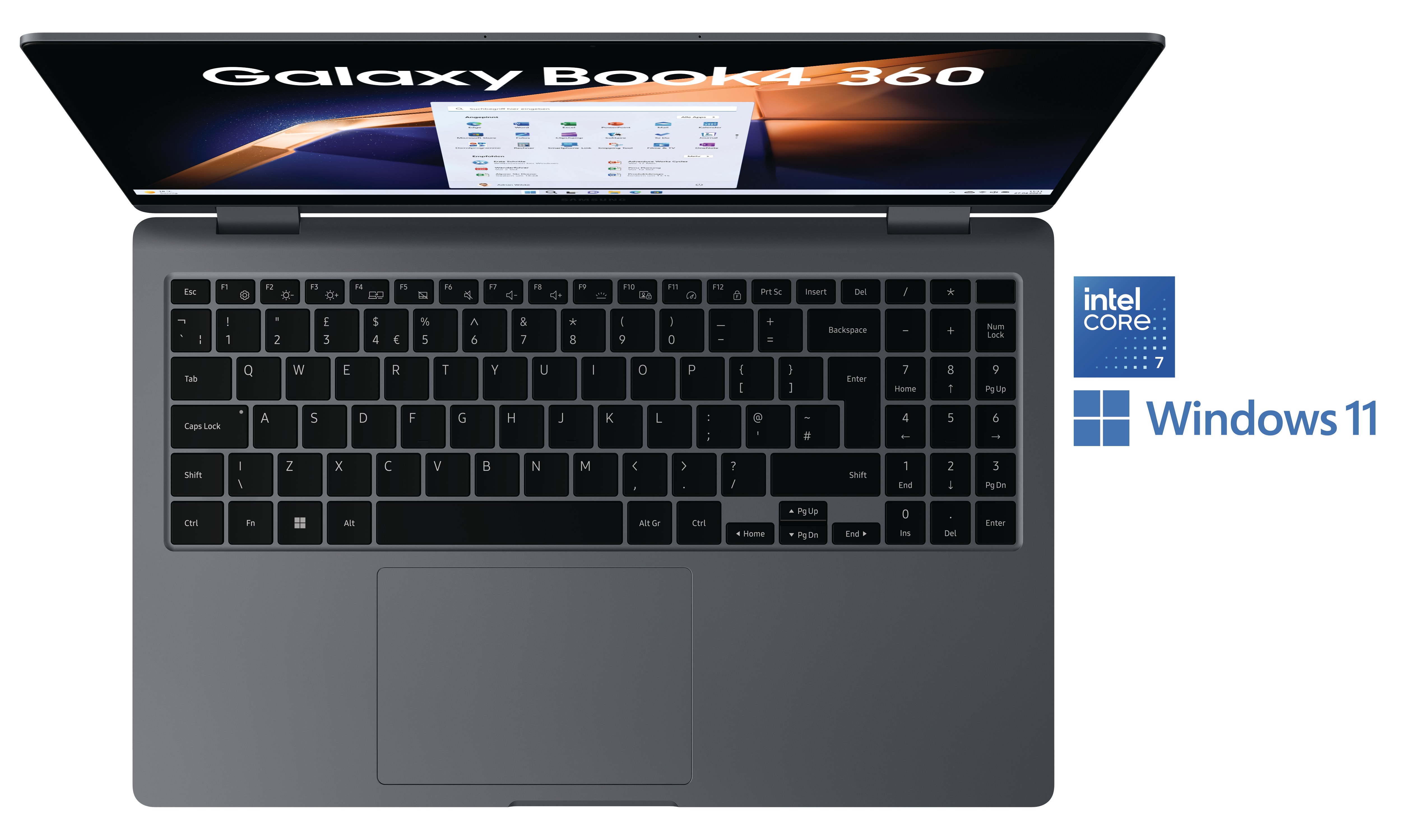 Geöffneter Laptop, der den Bildschirm mit weißem Hintergrund, Tastatur und Intel Core Logo anzeigt.