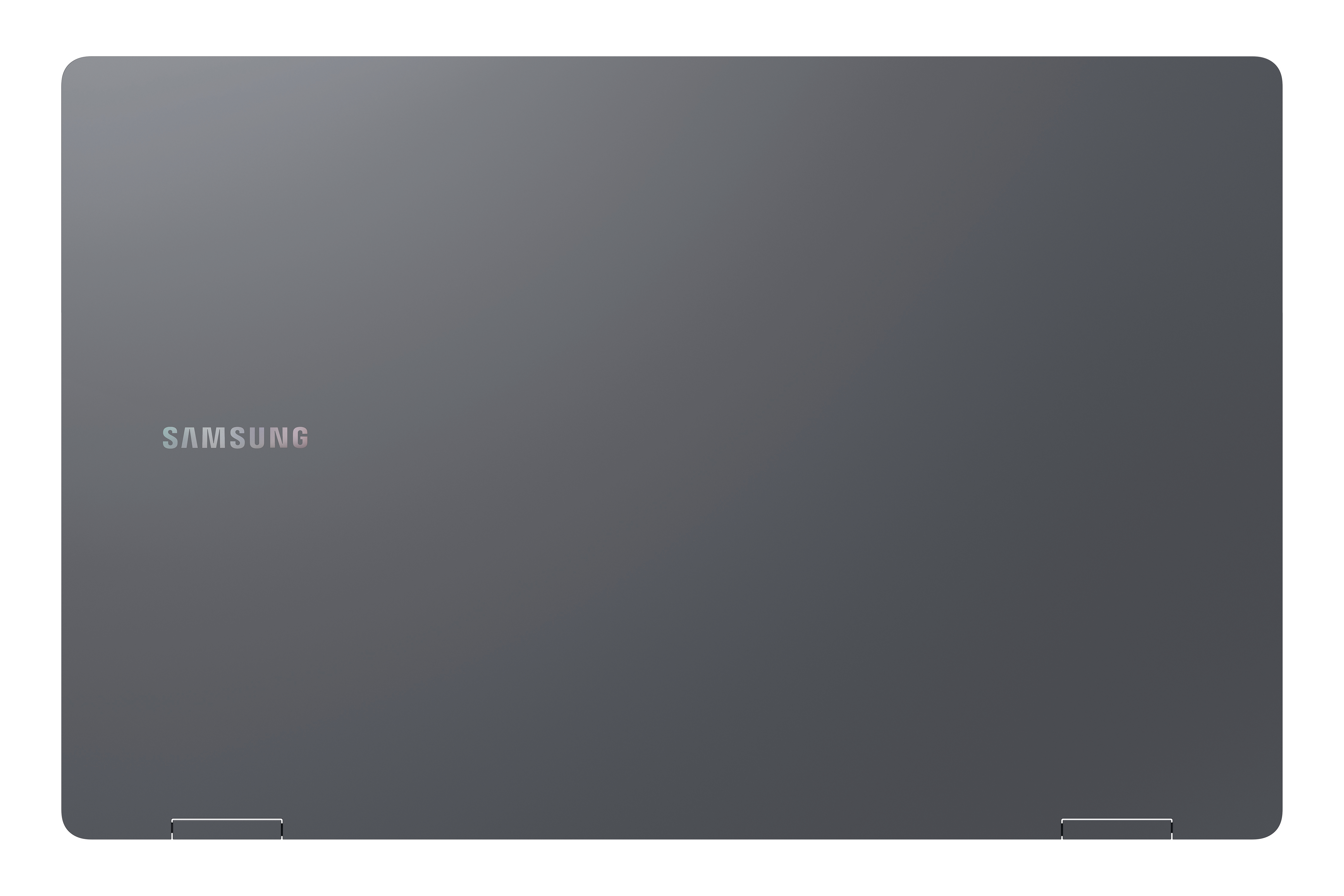 Laptop mit Samsung-Logo auf der Oberseite. Der Laptop ist geschlossen und hat ein dunkelgraues Metallic-Finish.