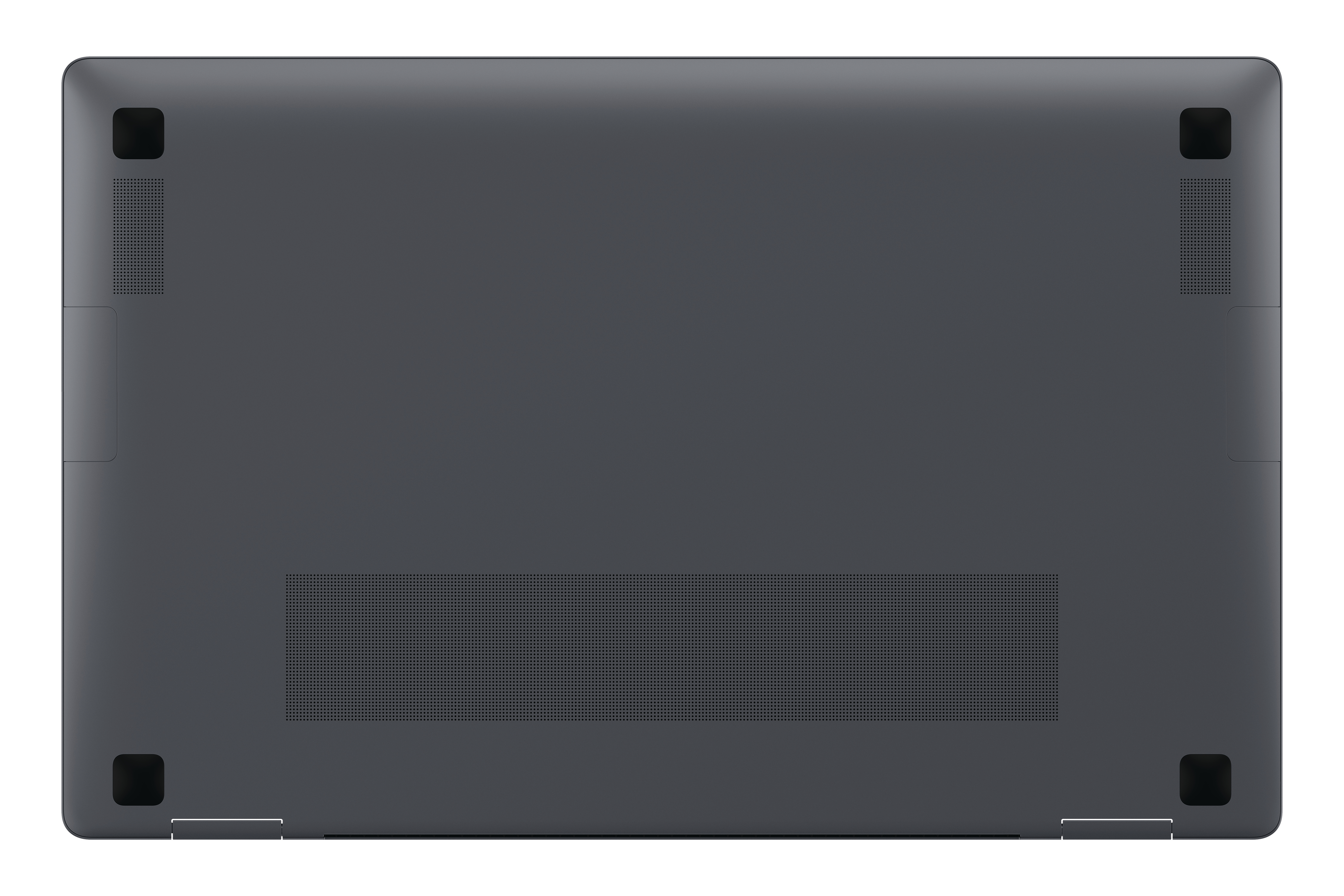 Dunkelgrauer Laptopboden mit Lüftungslöchern und Gummifüßen.
