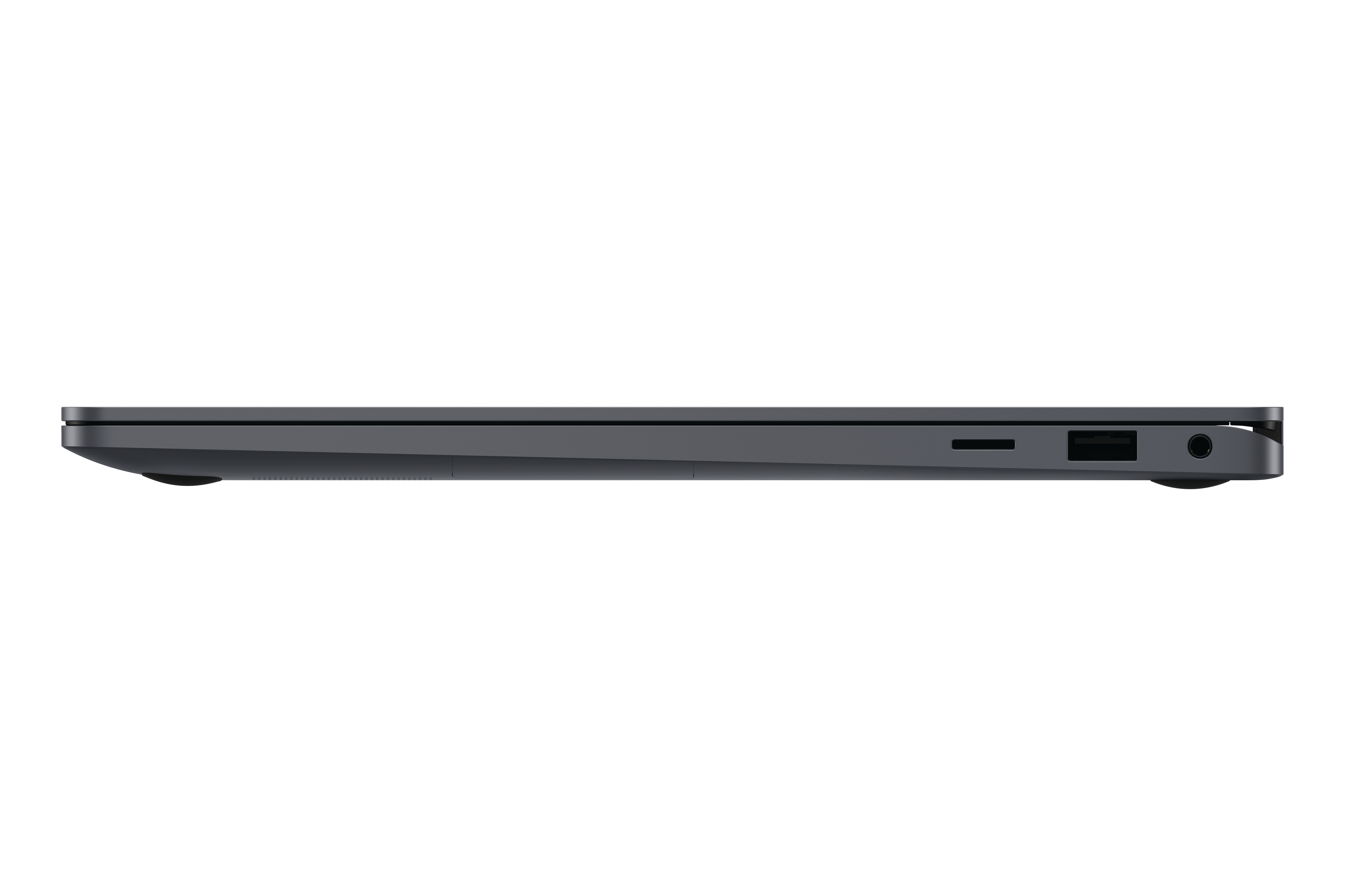 Dunkelgraue Laptop-Seitenansicht mit Anschlüssen und Scharnier.