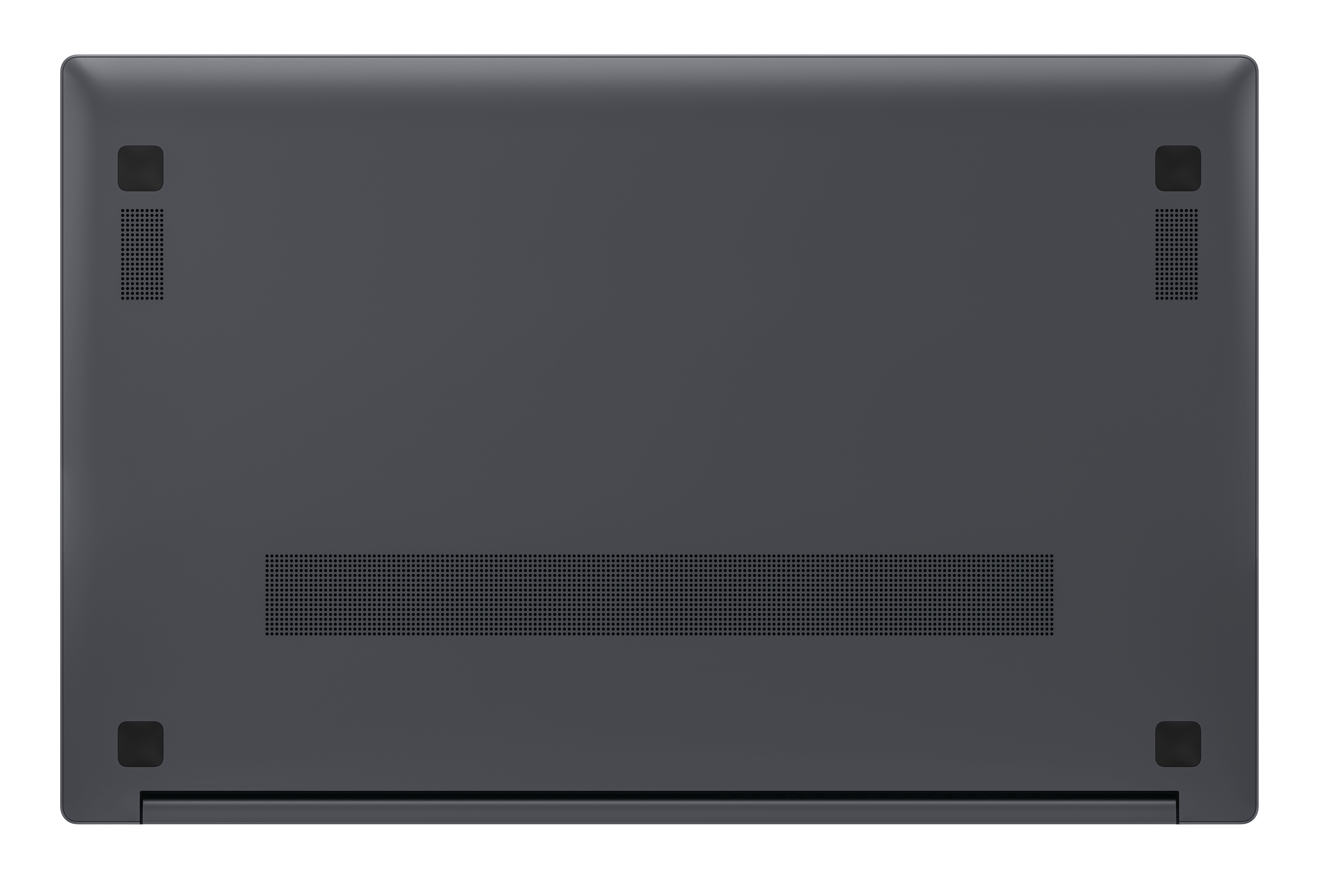 Laptop-Basis: Dunkelgrau, mit Lüftungsschlitzen und Gummifüßen.