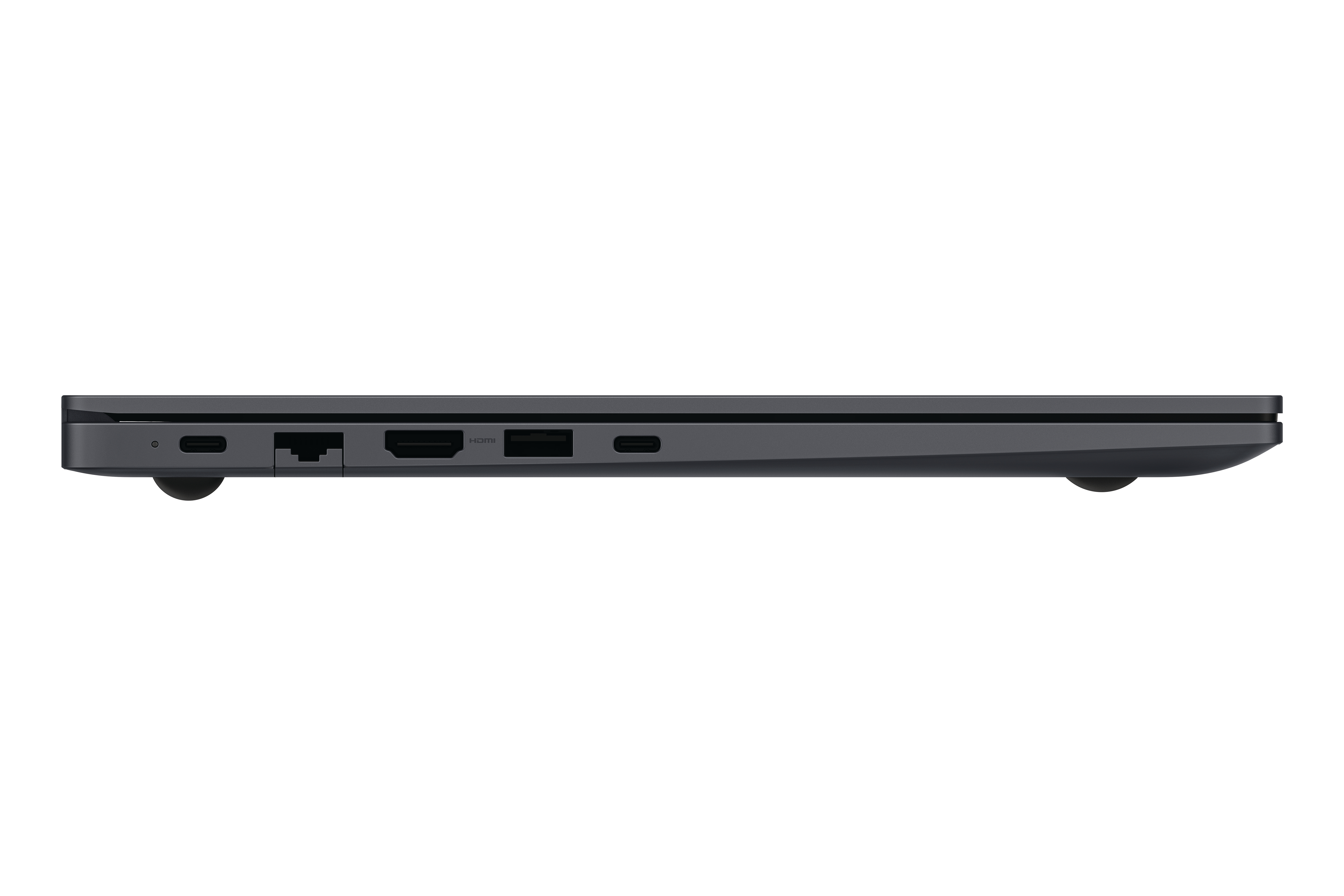 Dunkelgraue Laptopseite mit Anschlüssen, einschließlich HDMI und USB-C.