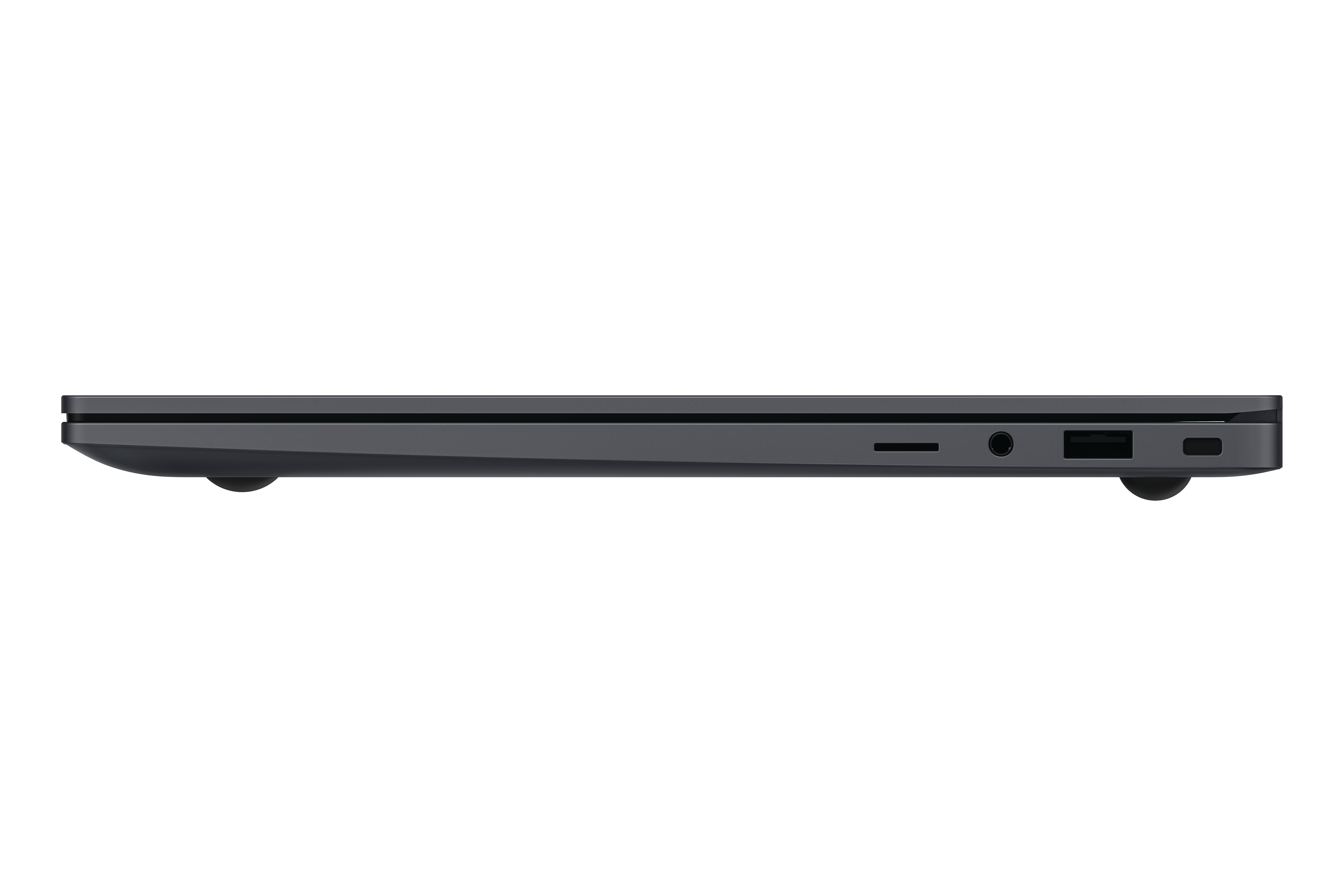 Dunkelgraue Laptop-Seitenansicht mit Anschlüssen und Scharnier.