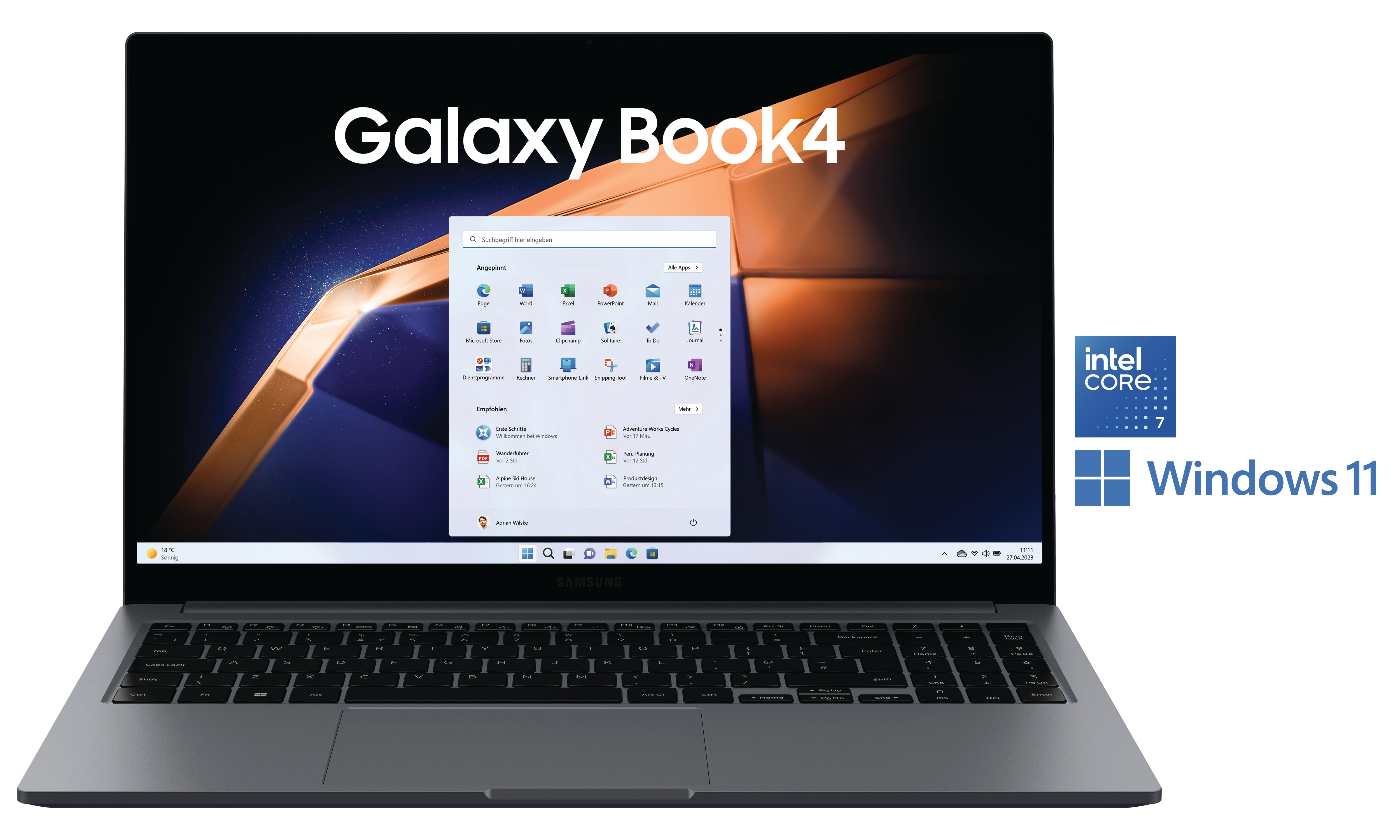 Samsung Galaxy Book4 Laptop, Windows 11. Bildschirm zeigt Apps und Windows-Startmenü.