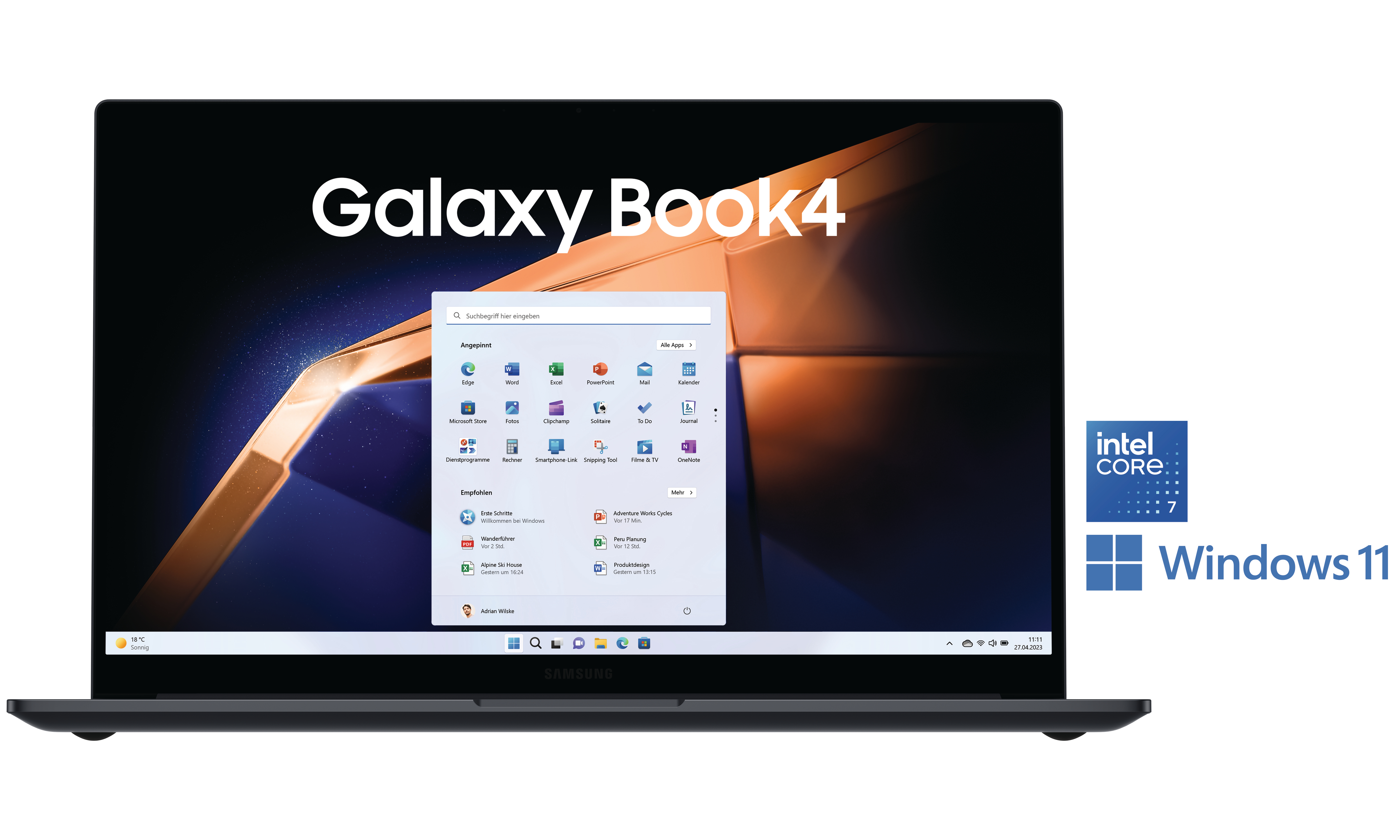 Ein schwarzes Samsung Galaxy Book4 Laptop, das die Windows 11-Oberfläche mit Intel Core i7-Aufkleber zeigt.