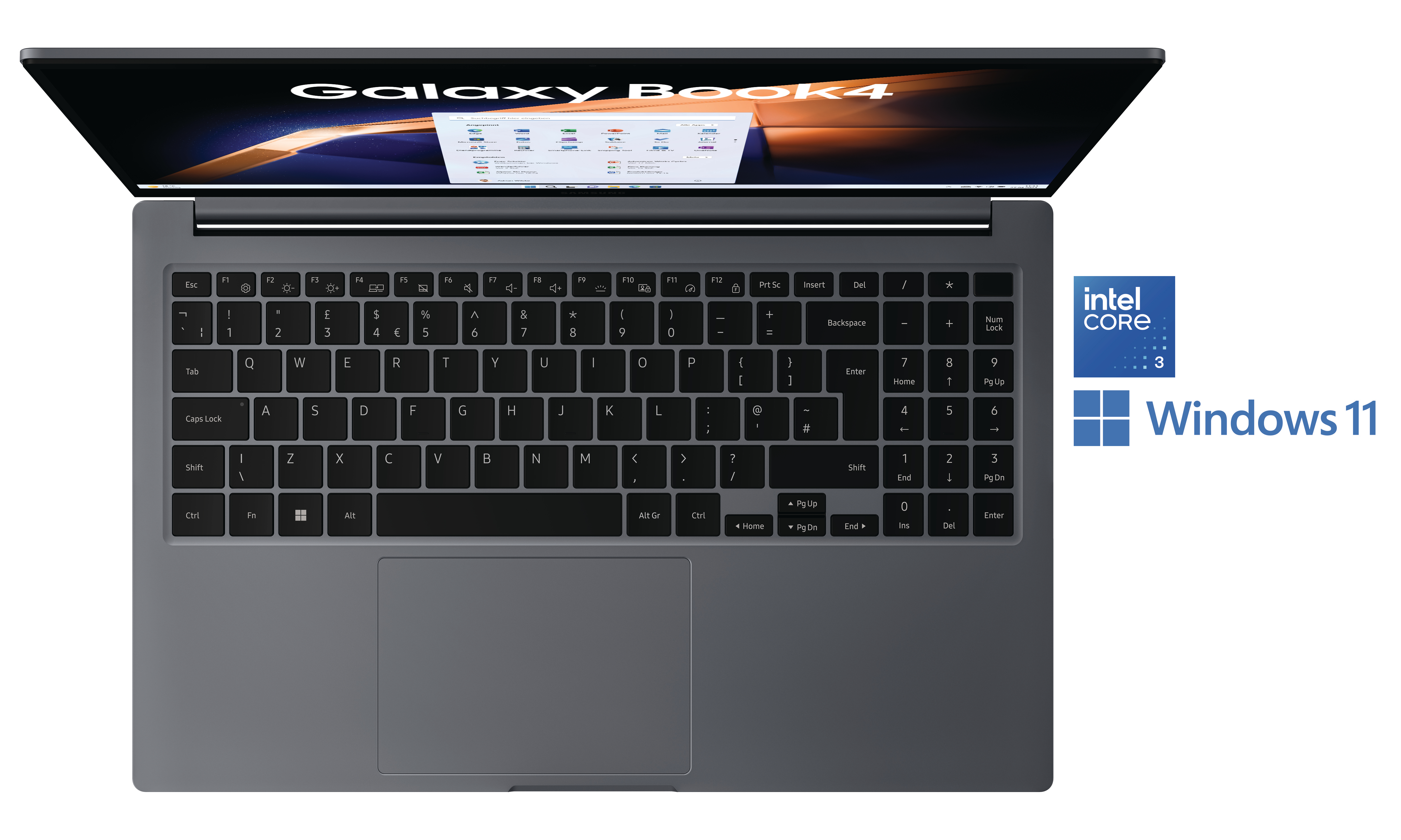 Laptop-Draufsicht mit Tastatur, Bildschirm mit Oberfläche und Intel Core-Logo.