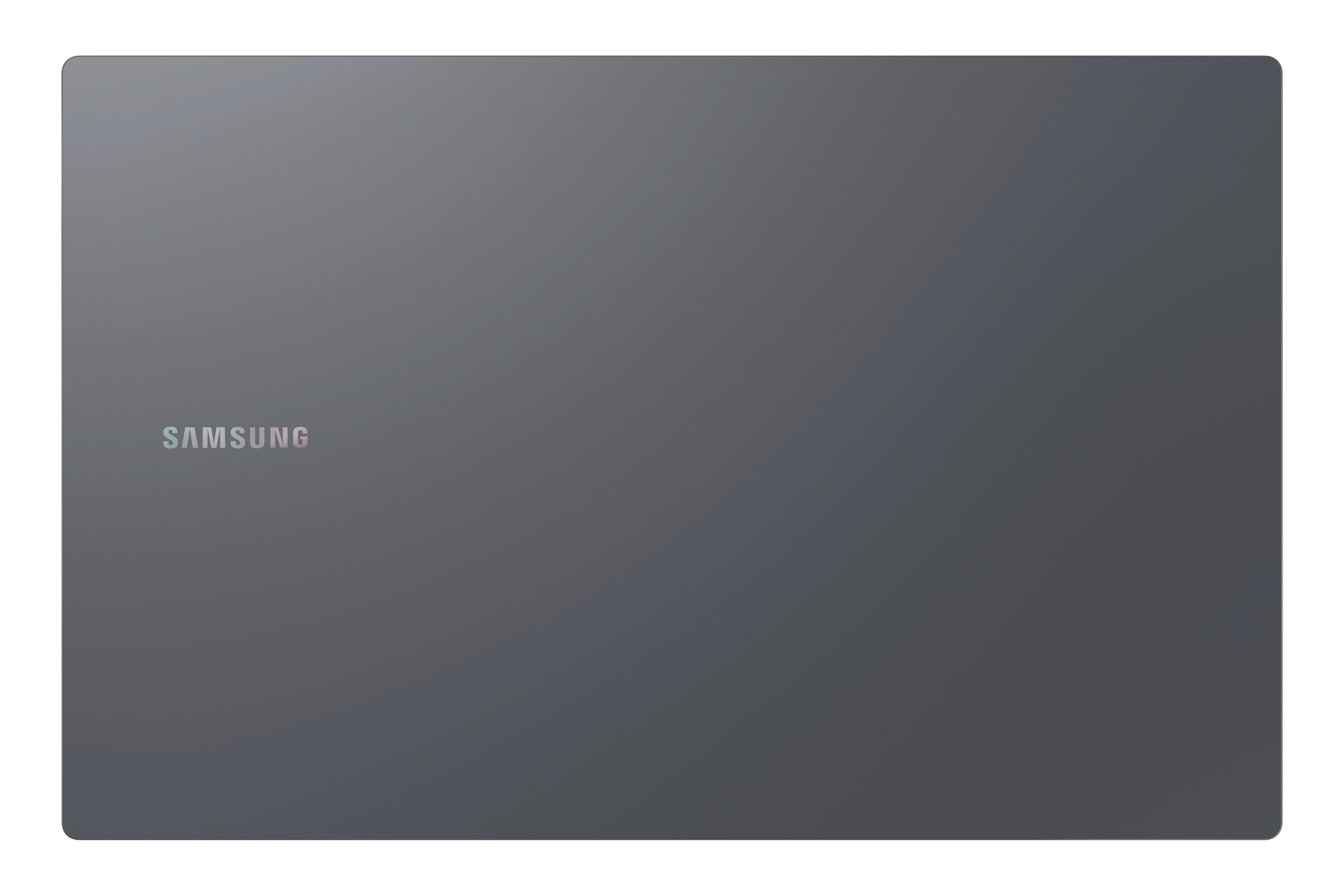 Die Rückseite eines dunkelgrauen Laptops mit dem Samsung-Logo in der Mitte auf weißem Hintergrund.