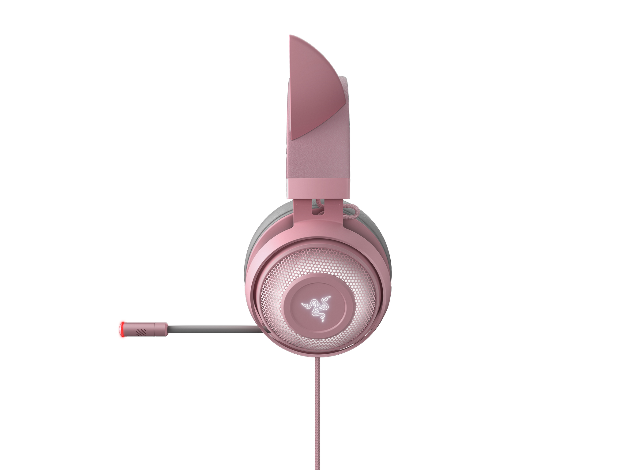 Beyaz bir arka plan üzerinde, mikrofonlu pembe bir oyun kulaklığı. Marka logosu görünür.