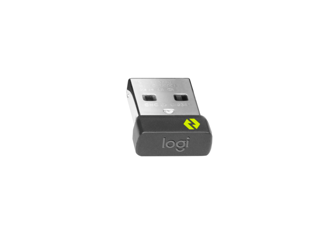 Un petit récepteur USB foncé avec logo Logitech et symbole jaune.