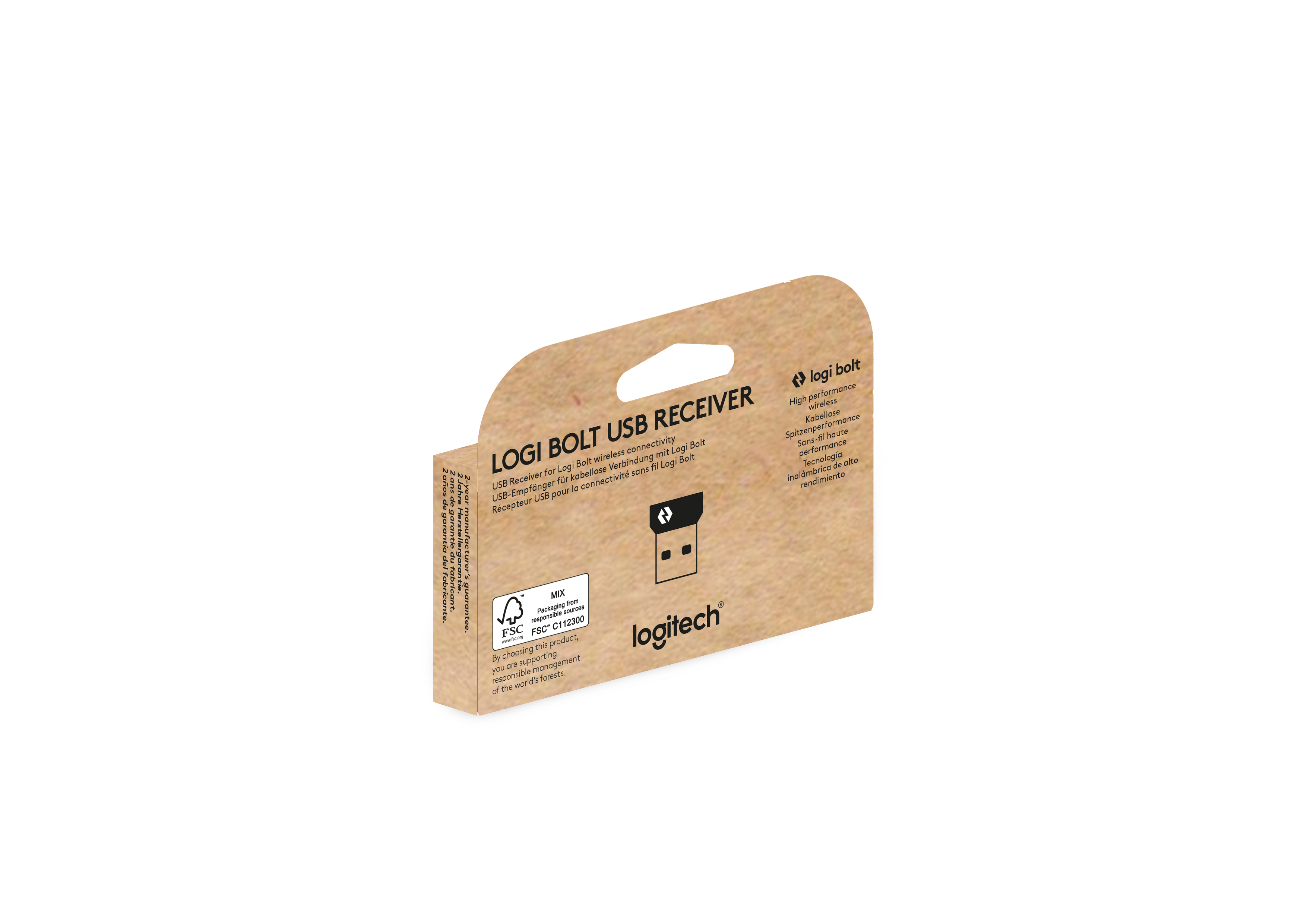 Emballage du récepteur USB Logi Bolt avec logo et informations produit.