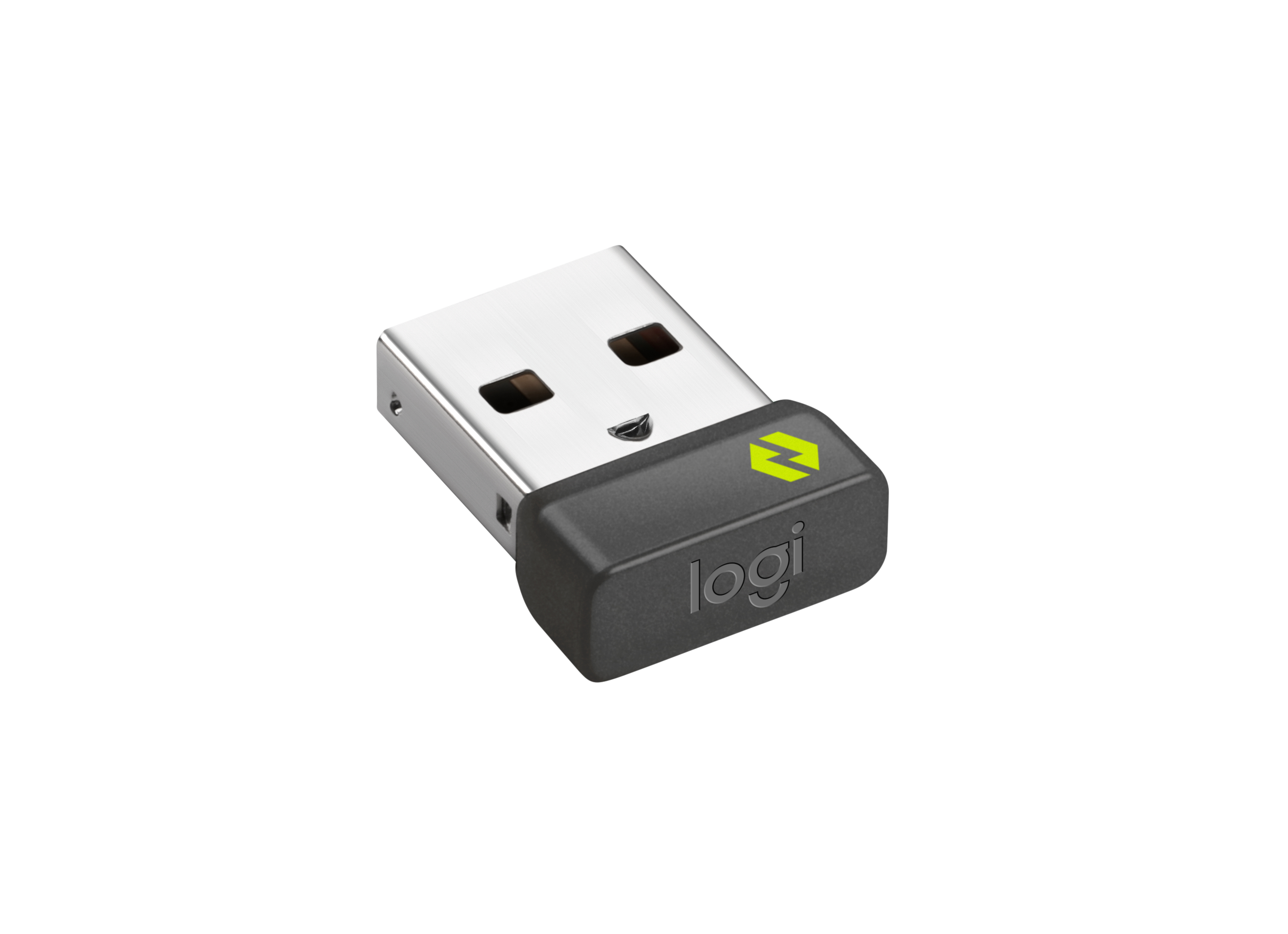 Un petit récepteur USB foncé avec connecteur argenté et logo Logitech.