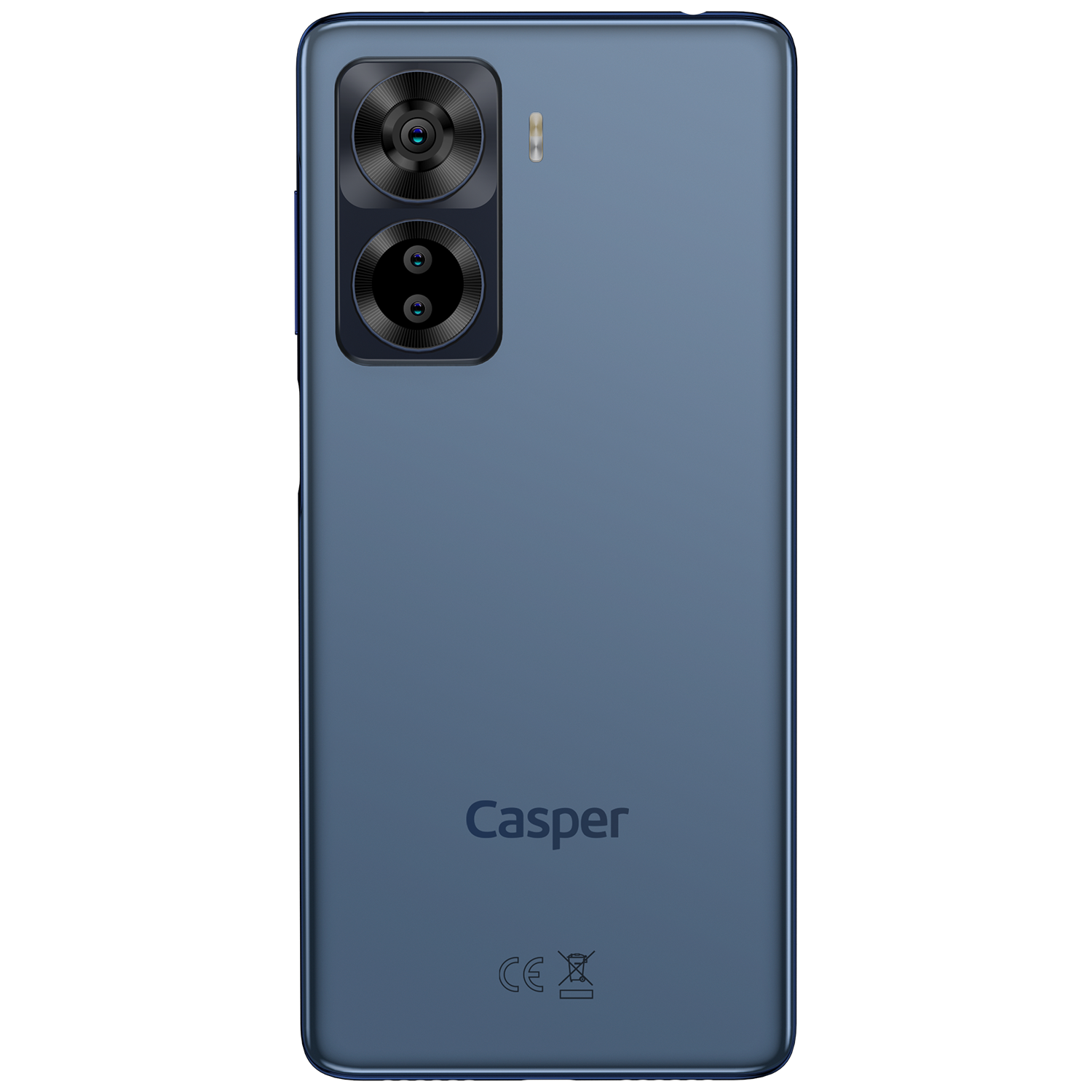 Çift kameralı ve Casper logolu mavi bir Casper telefonun arkası, siyah arka plan.