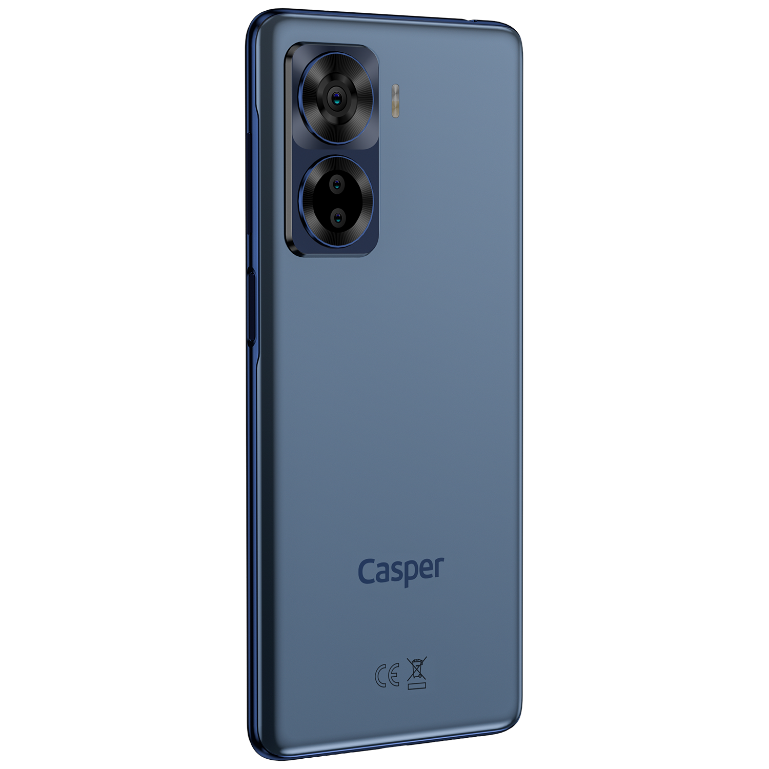 İki arka kamerası ve 'Casper' markası olan mavi bir akıllı telefon.