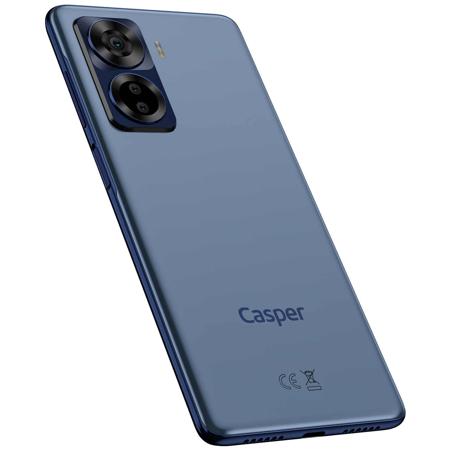 Mavi Casper telefonun arkası. İki kamera. Casper logosu. Siyah zemin.