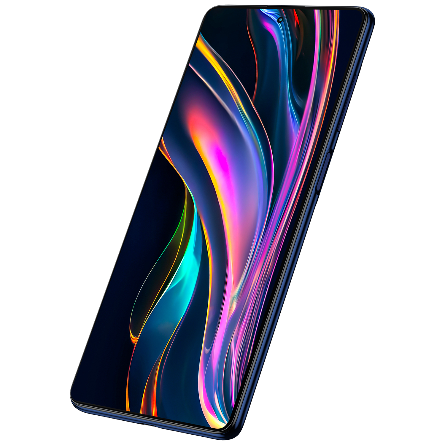 Renkli ekranlı mavi bir akıllı telefon, siyah arka planda.