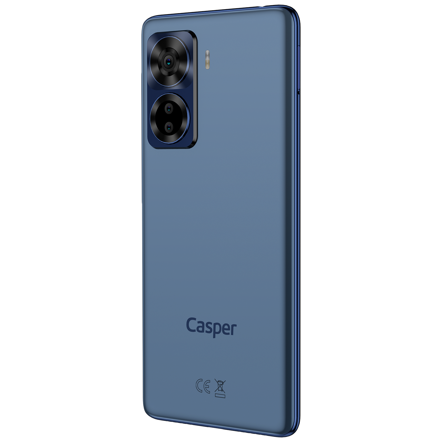 Mavi telefon arkası, çift kamera ve Casper logosu. CE işareti görünür durumda.