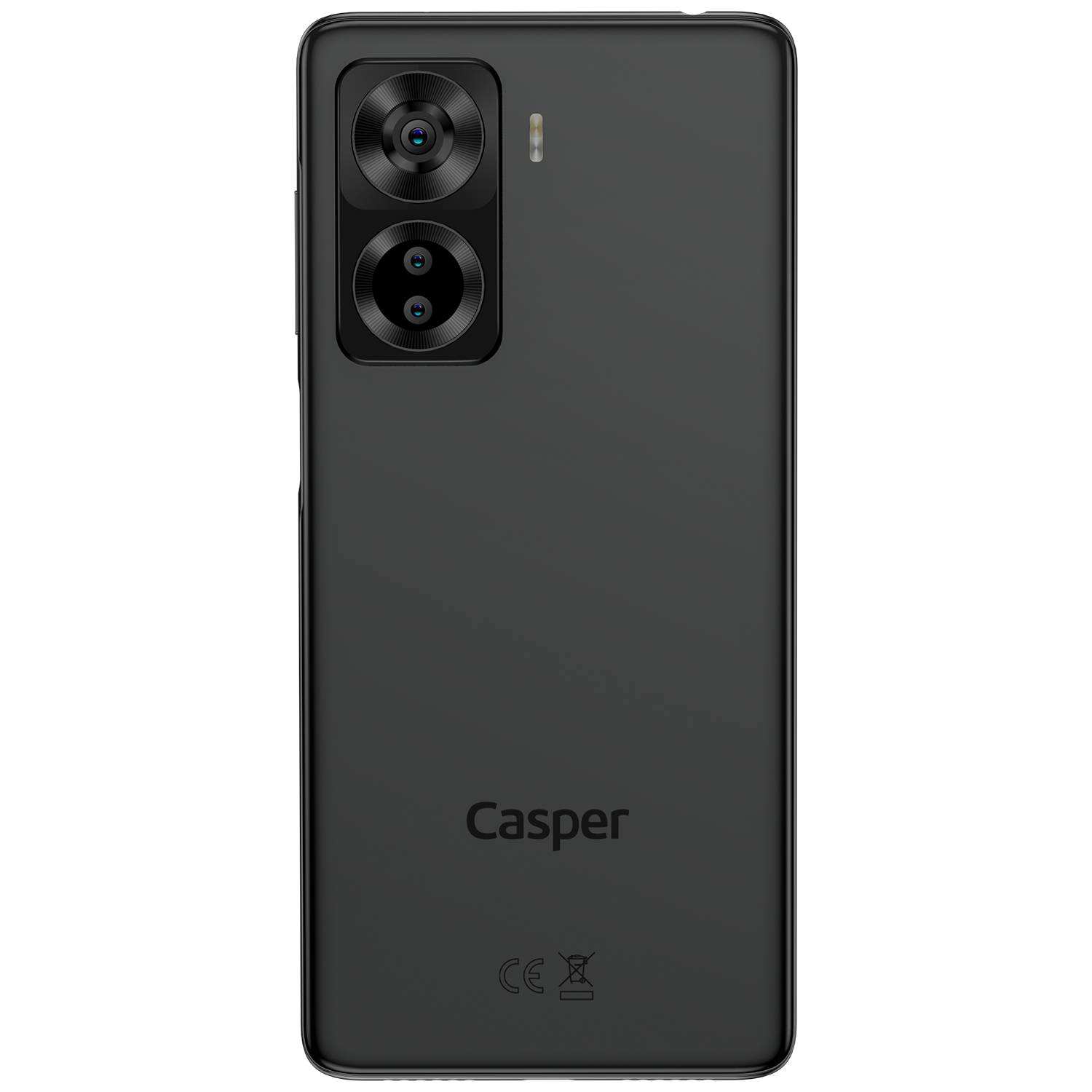 Siyah bir Casper telefonun arkası. Üstte iki kamera, altta Casper logosu ve CE işaretleri. Siyah arka plan.