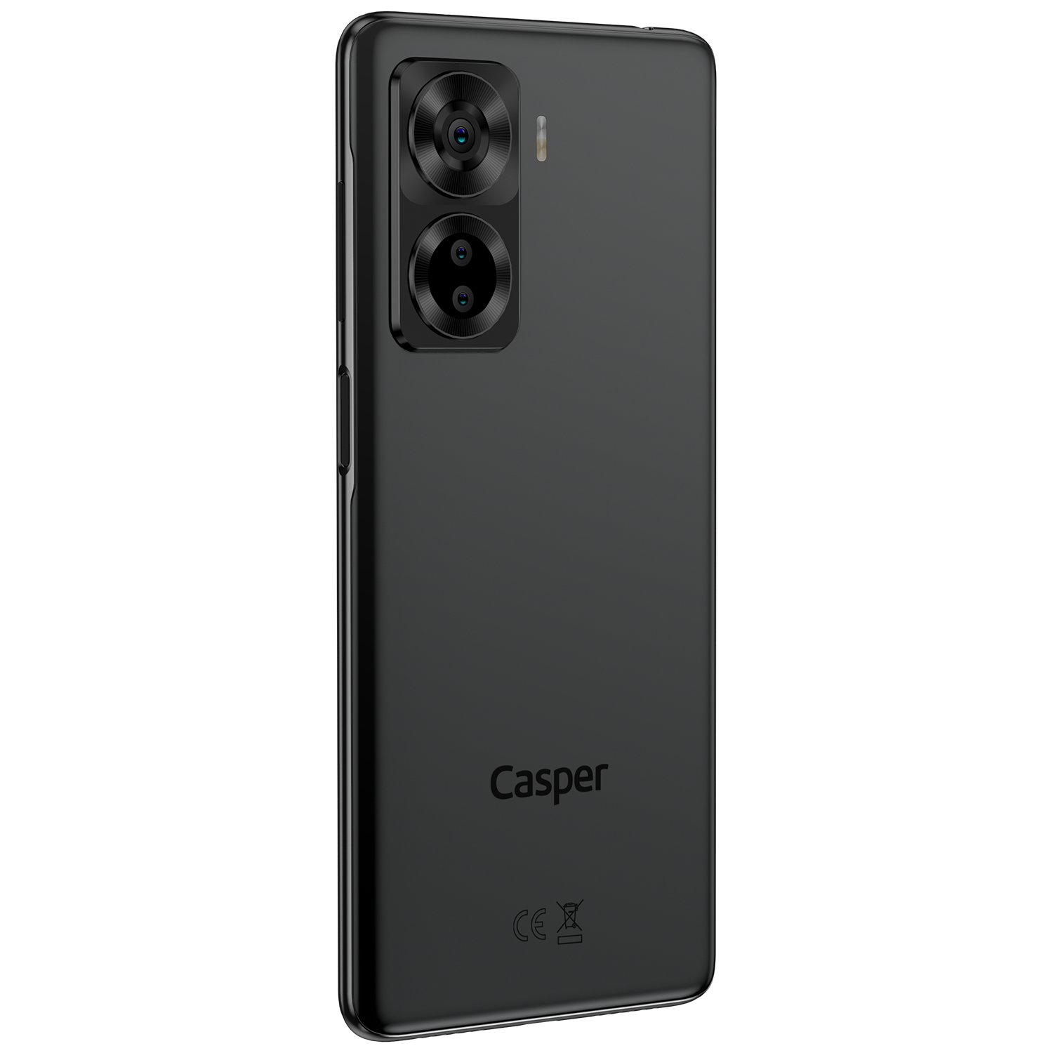 Siyah Casper telefon, çift kameralı, arka görünüm.