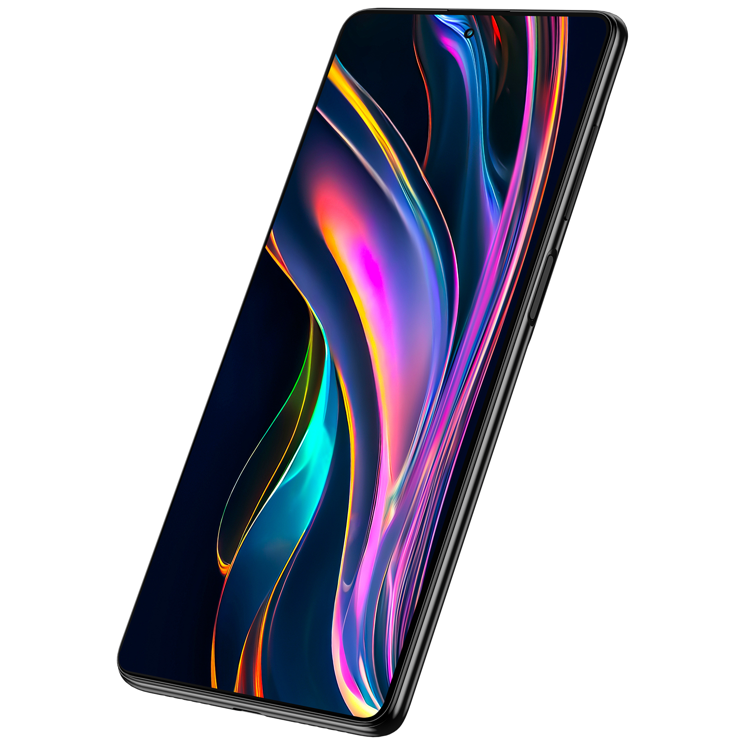 Siyah bir arka plan üzerinde renkli, soyut bir ekrana sahip bir akıllı telefon.