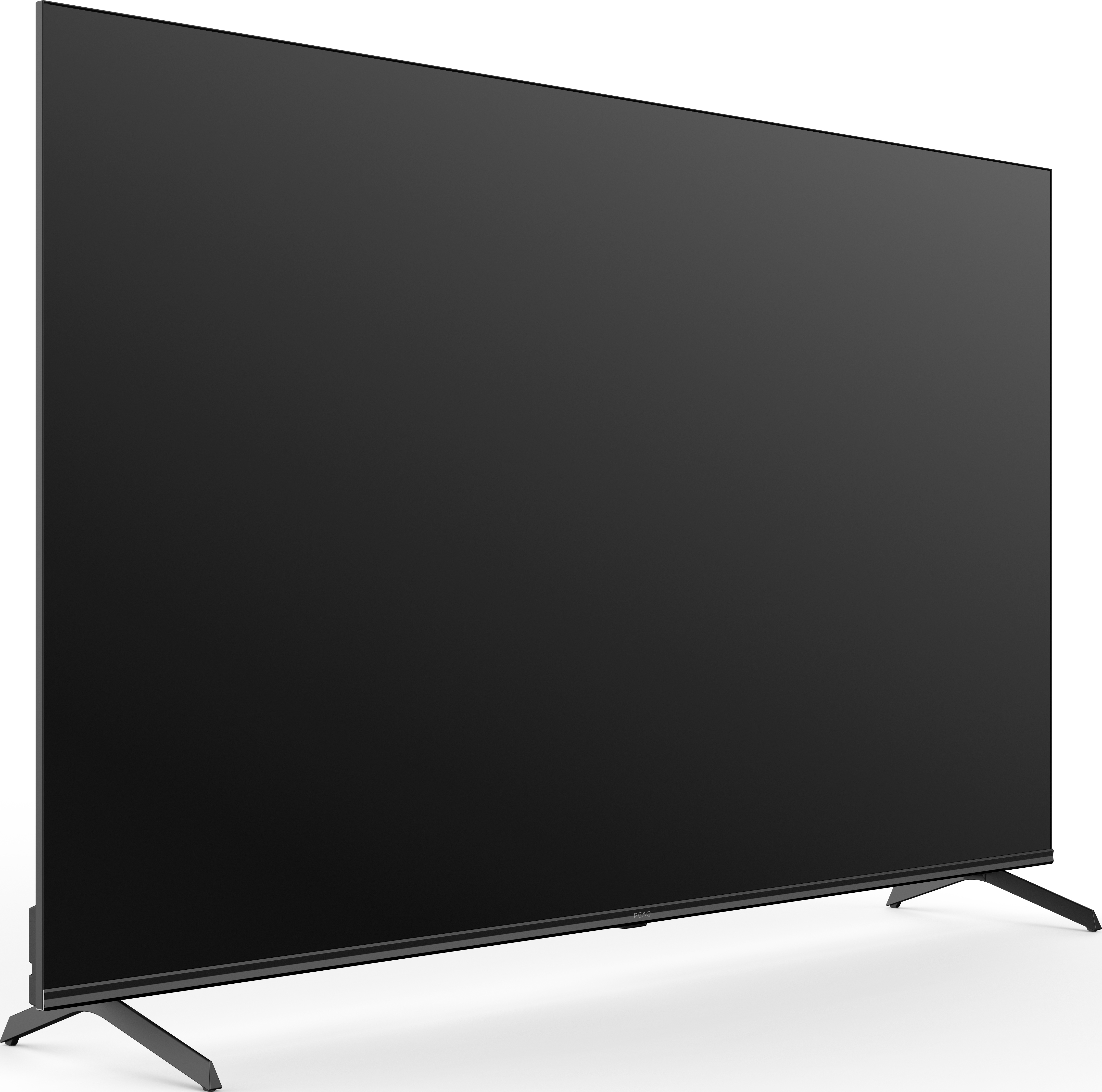 Großer schwarzer Flachbildfernseher auf weißem Hintergrund, mit zwei silbernen Beinen.