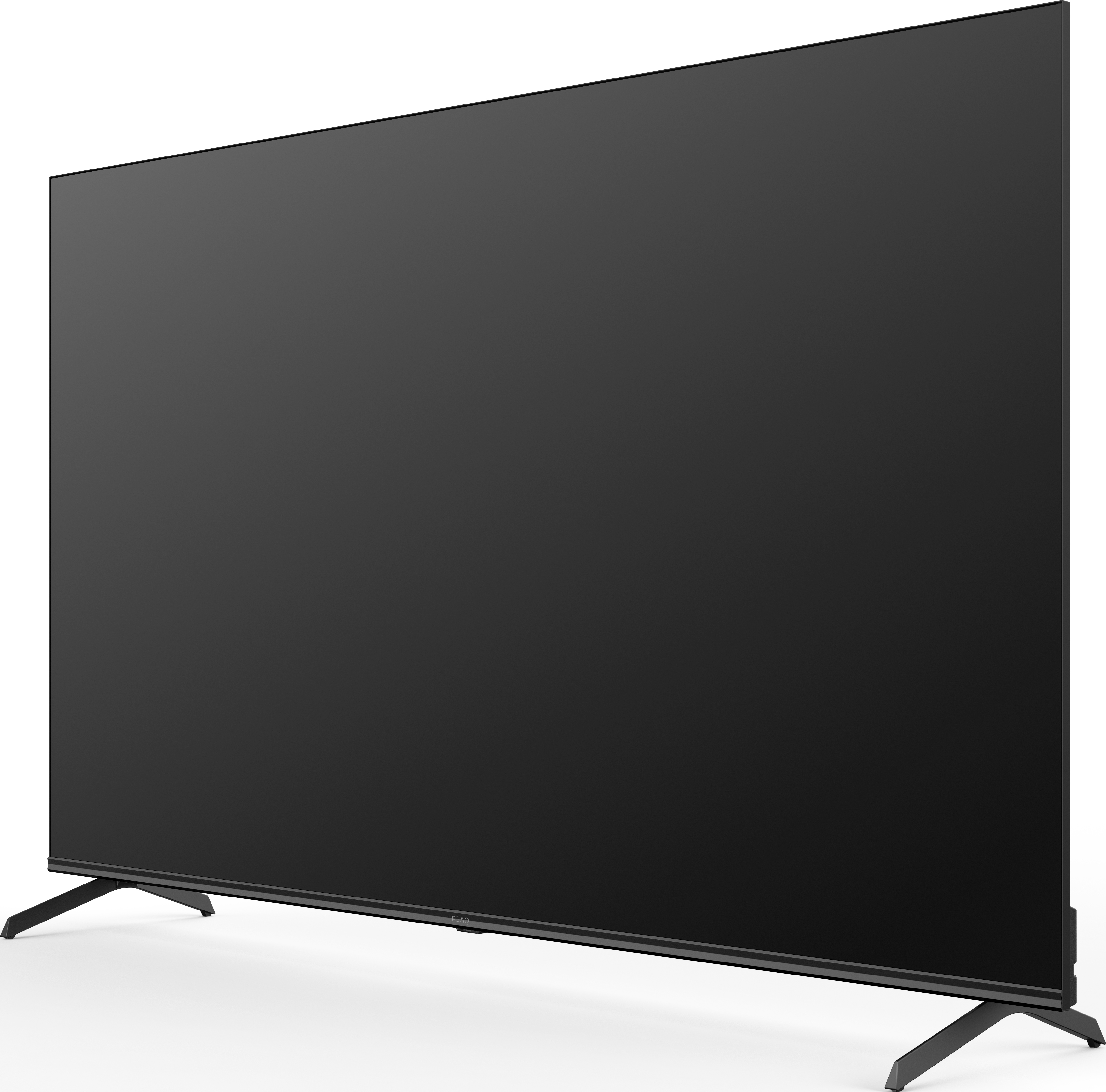 Ein großer schwarzer TV-Bildschirm mit schlankem Design und dünnen Beinen vor weißem Hintergrund.